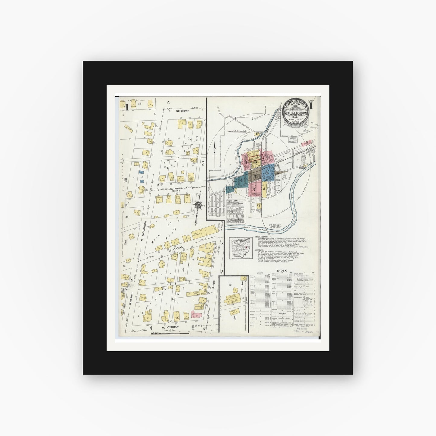 Old map wall art mockup — black gallery frame with white mat — Sanborn Fire Insurance Map from Newcomerstown, Tuscarawas County, Ohio (1924), Sheet #0001