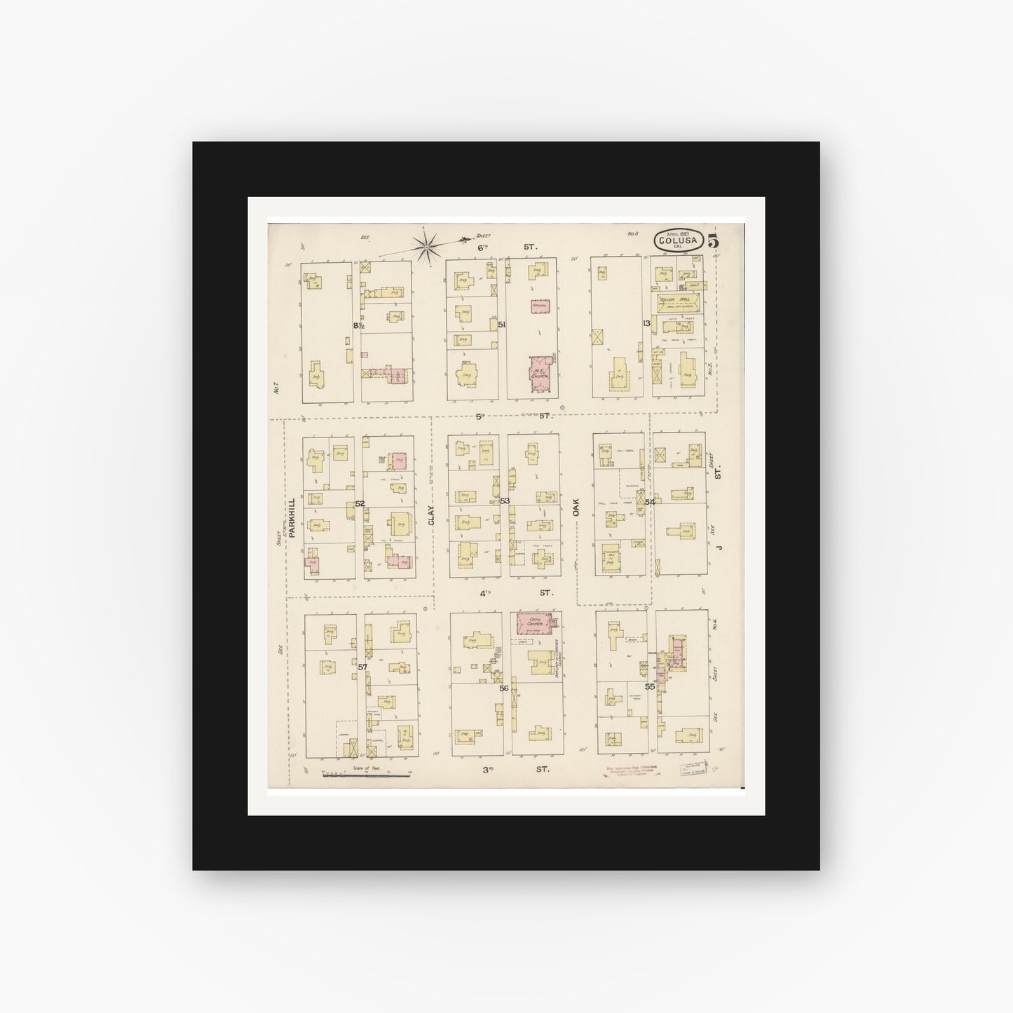 Old map wall art mockup — black gallery frame with white mat — Sanborn Fire Insurance Map from Colusa, Colusa County, California (1889), Sheet #0005