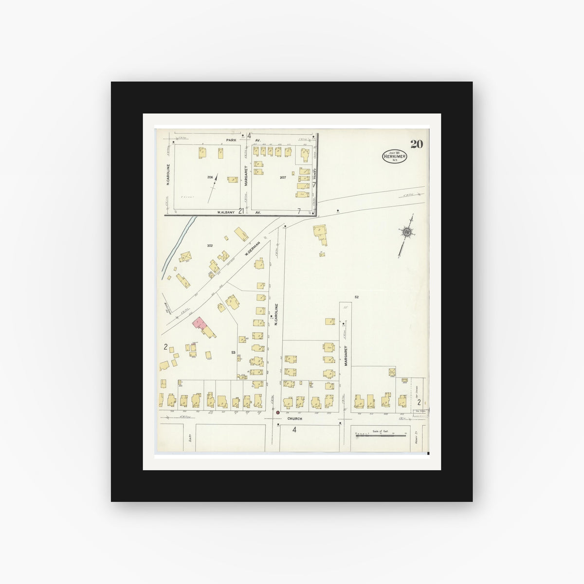 Old map wall art mockup — black gallery frame with white mat — Sanborn Fire Insurance Map from Herkimer, Herkimer County, New York (1911), Sheet #0020
