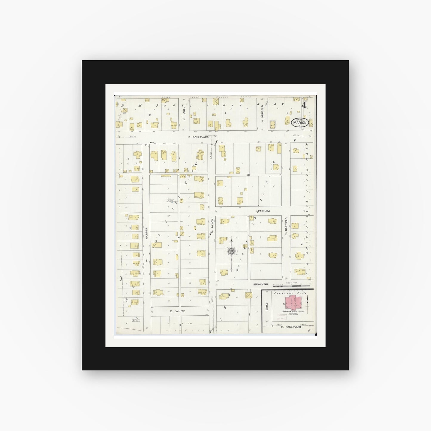 Old map wall art mockup — black gallery frame with white mat — Sanborn Fire Insurance Map from Marion, Williamson County, Illinois (1913), Sheet #0004