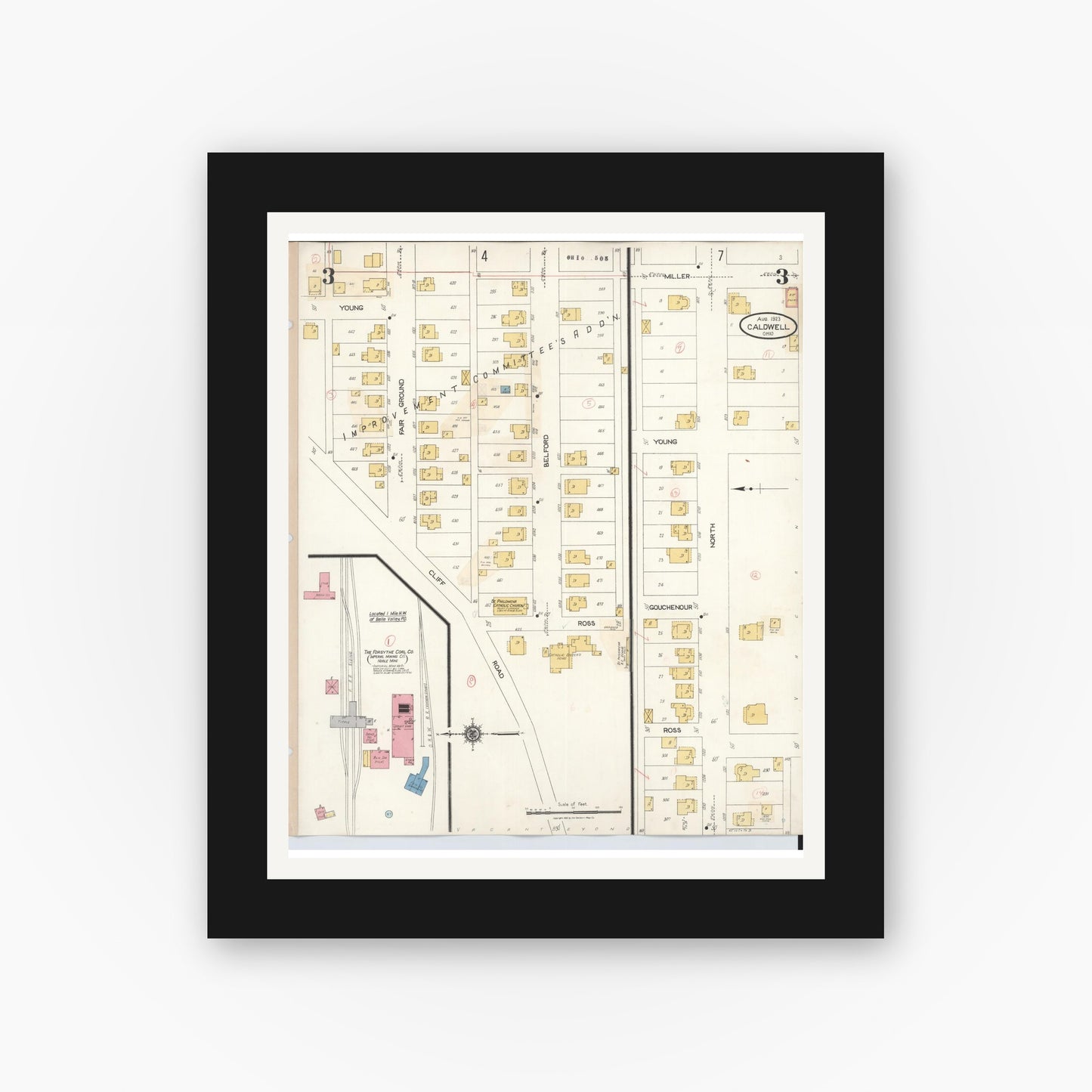 Old map wall art mockup — black gallery frame with white mat — Sanborn Fire Insurance Map from Caldwell, Noble County, Ohio (1932), Sheet #0003