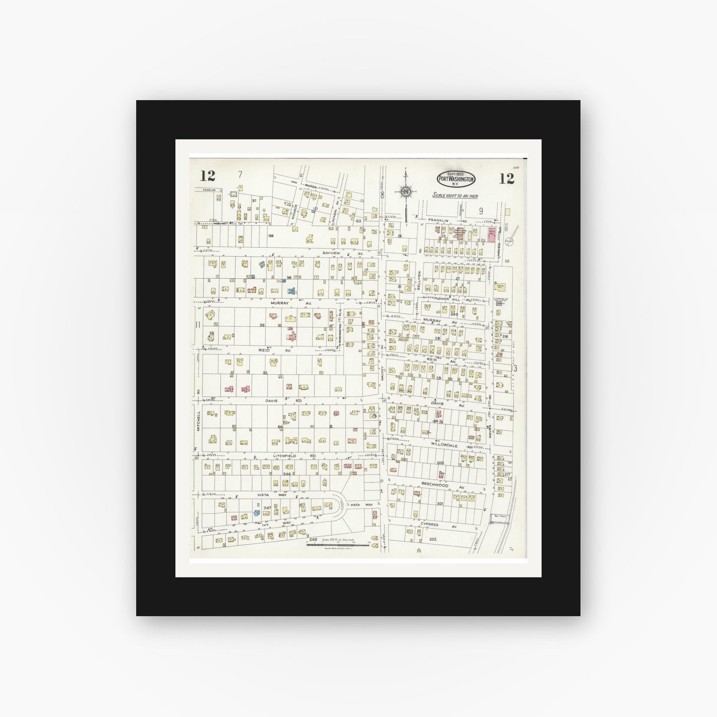Old map wall art mockup — black gallery frame with white mat — Sanborn Fire Insurance Map from Port Washington, Nassau County, New York (1925), Sheet #0012