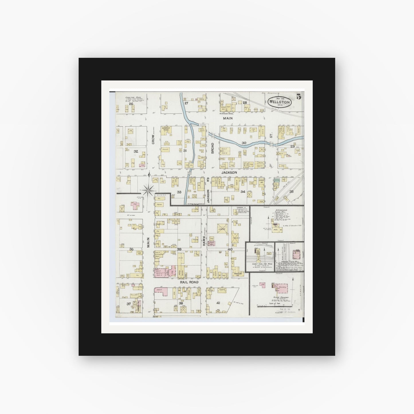 Old map wall art mockup — black gallery frame with white mat — Sanborn Fire Insurance Map from Wellston, Jackson County, Ohio (1888), Sheet #0005