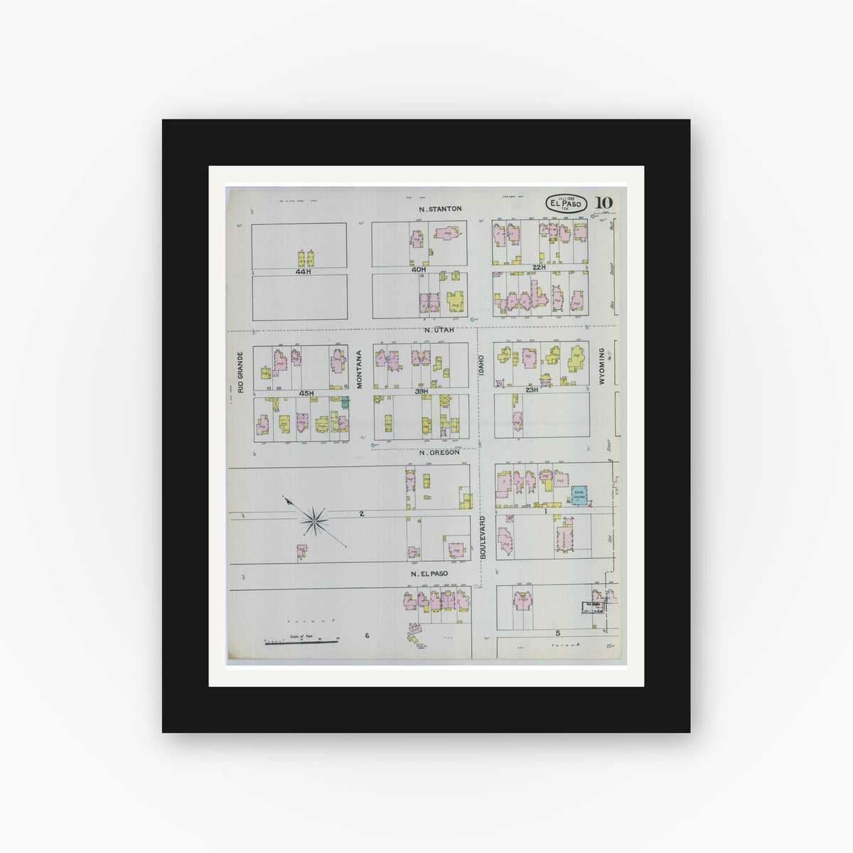Old map wall art mockup — black gallery frame with white mat — Sanborn Fire Insurance Map from El Paso, El Paso County, Texas (1888), Sheet #0010
