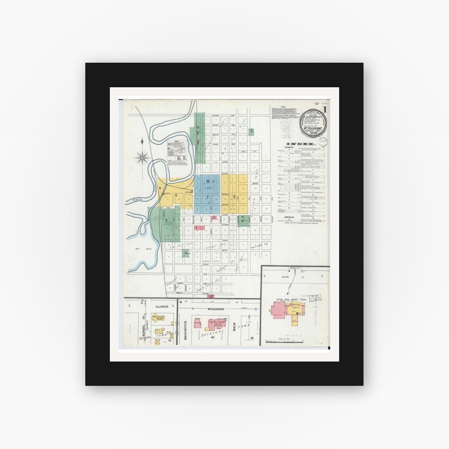 Old map wall art mockup — black gallery frame with white mat — Sanborn Fire Insurance Map from Mount Pleasant, Isabella County, Michigan (1900) - Complete Map Set