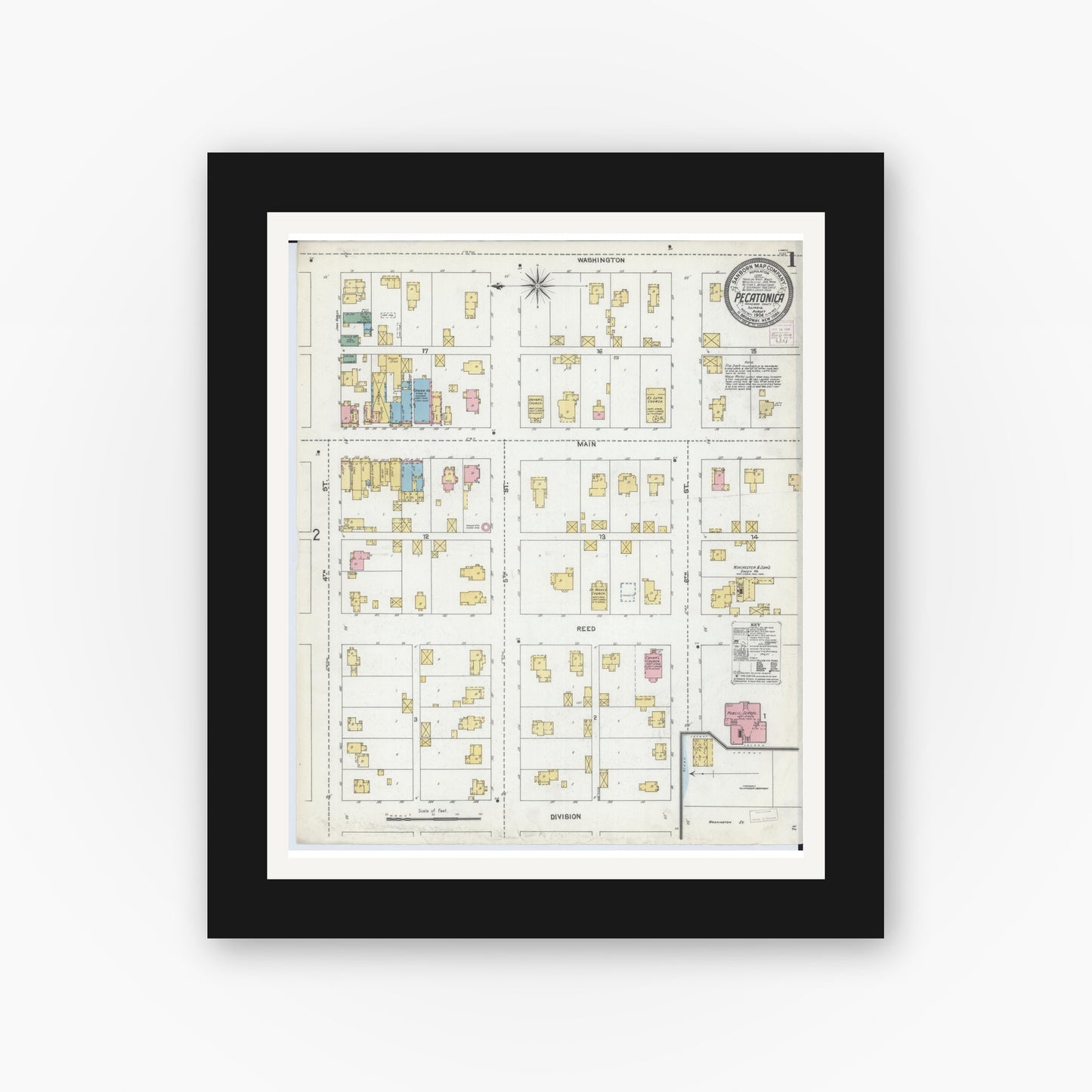 Old map wall art mockup — black gallery frame with white mat — Sanborn Fire Insurance Map from Pecatonica, Winnebago County, Illinois (1904), Sheet #0001