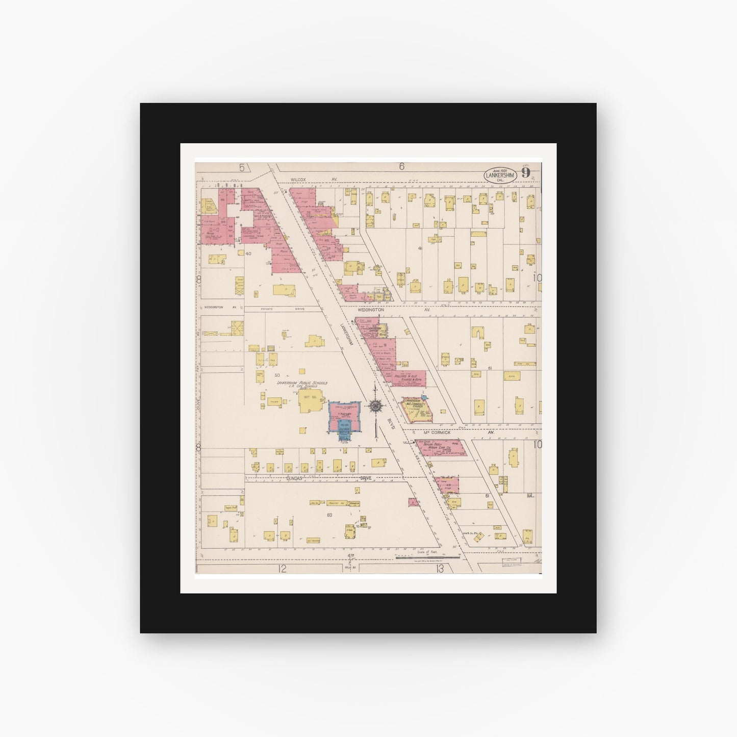 Old map wall art mockup — black gallery frame with white mat — Sanborn Fire Insurance Map from Lankershim, Los Angeles County, California (1922), Sheet #0009