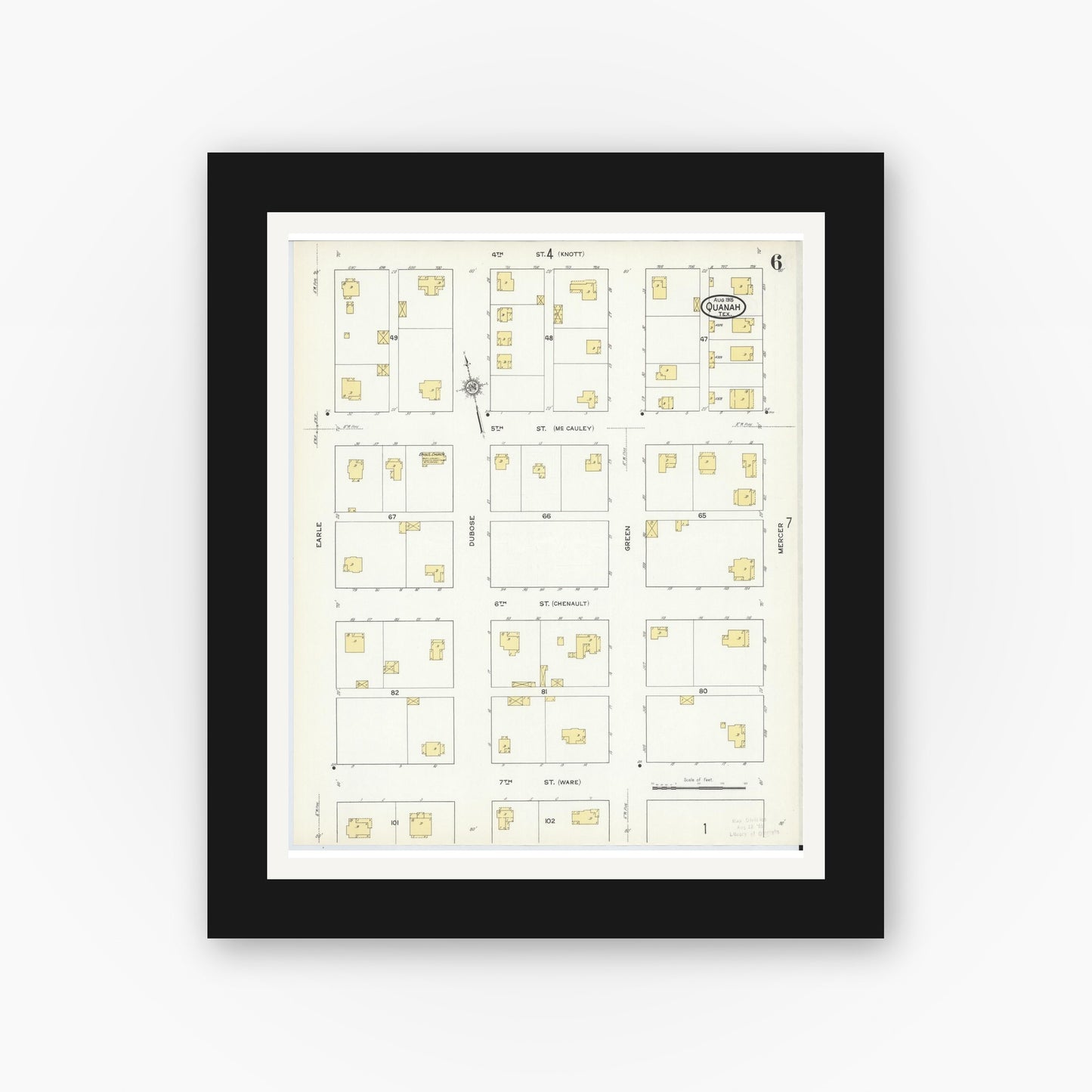 Old map wall art mockup — black gallery frame with white mat — Sanborn Fire Insurance Map from Quanah, Hardeman County, Texas (1915), Sheet #0006