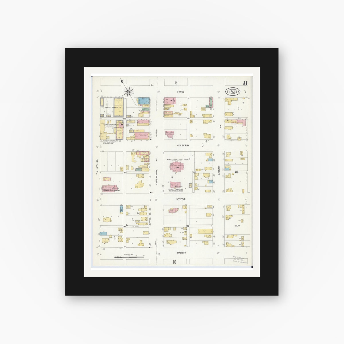 Old map wall art mockup — black gallery frame with white mat — Sanborn Fire Insurance Map from Saint Peter, Nicollet County, Minnesota (1908), Sheet #0008