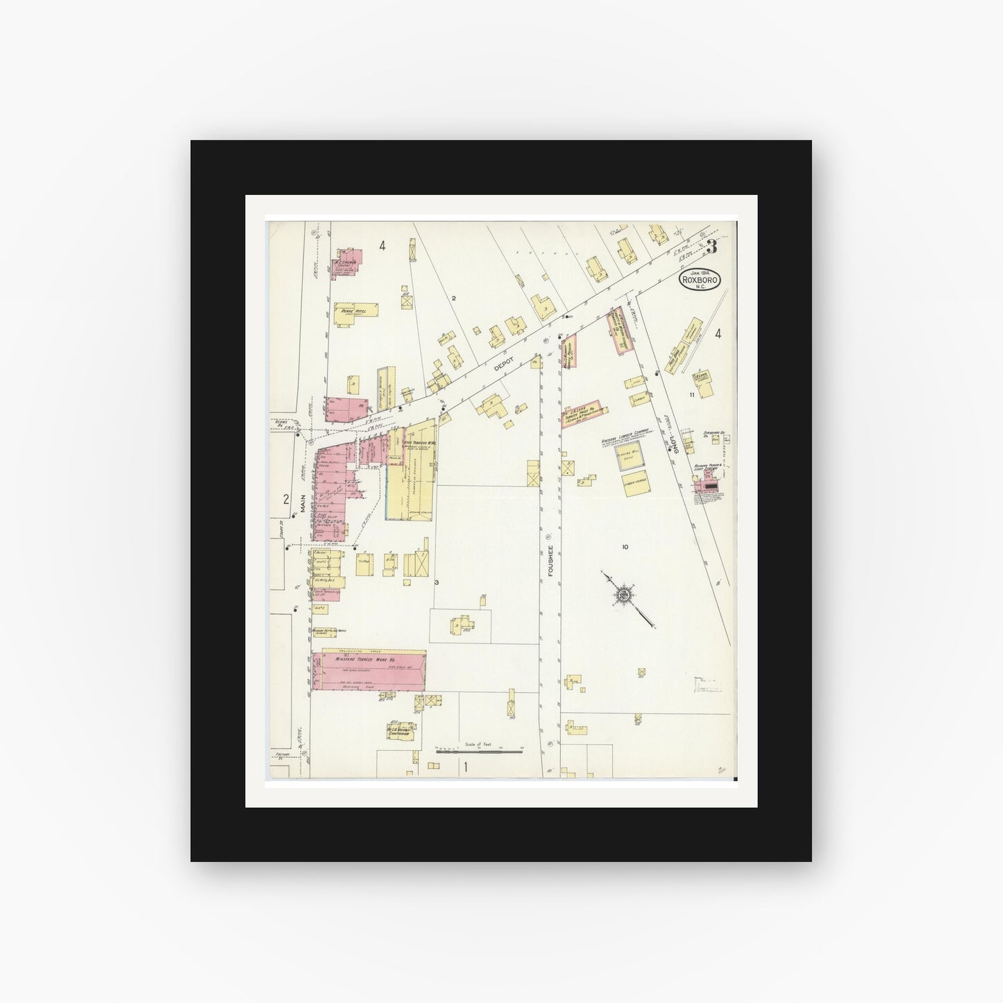 Old map wall art mockup — black gallery frame with white mat — Sanborn Fire Insurance Map from Roxboro, Person County, North Carolina (1914), Sheet #0003