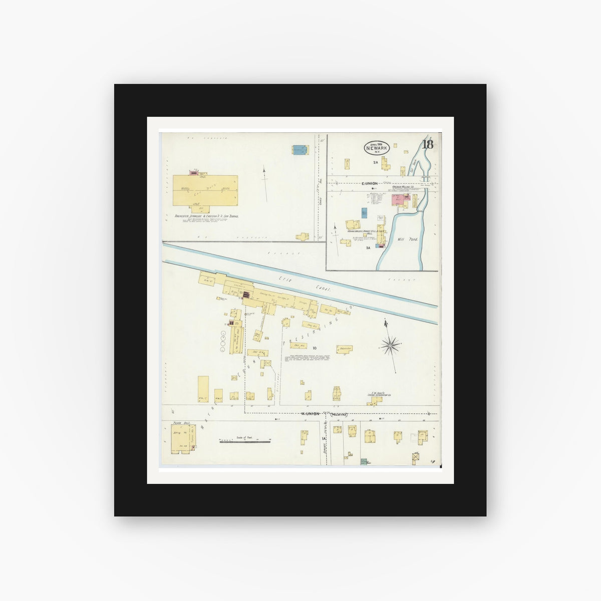 Old map wall art mockup — black gallery frame with white mat — Sanborn Fire Insurance Map from Newark, Wayne County, New York (1906), Sheet #0018