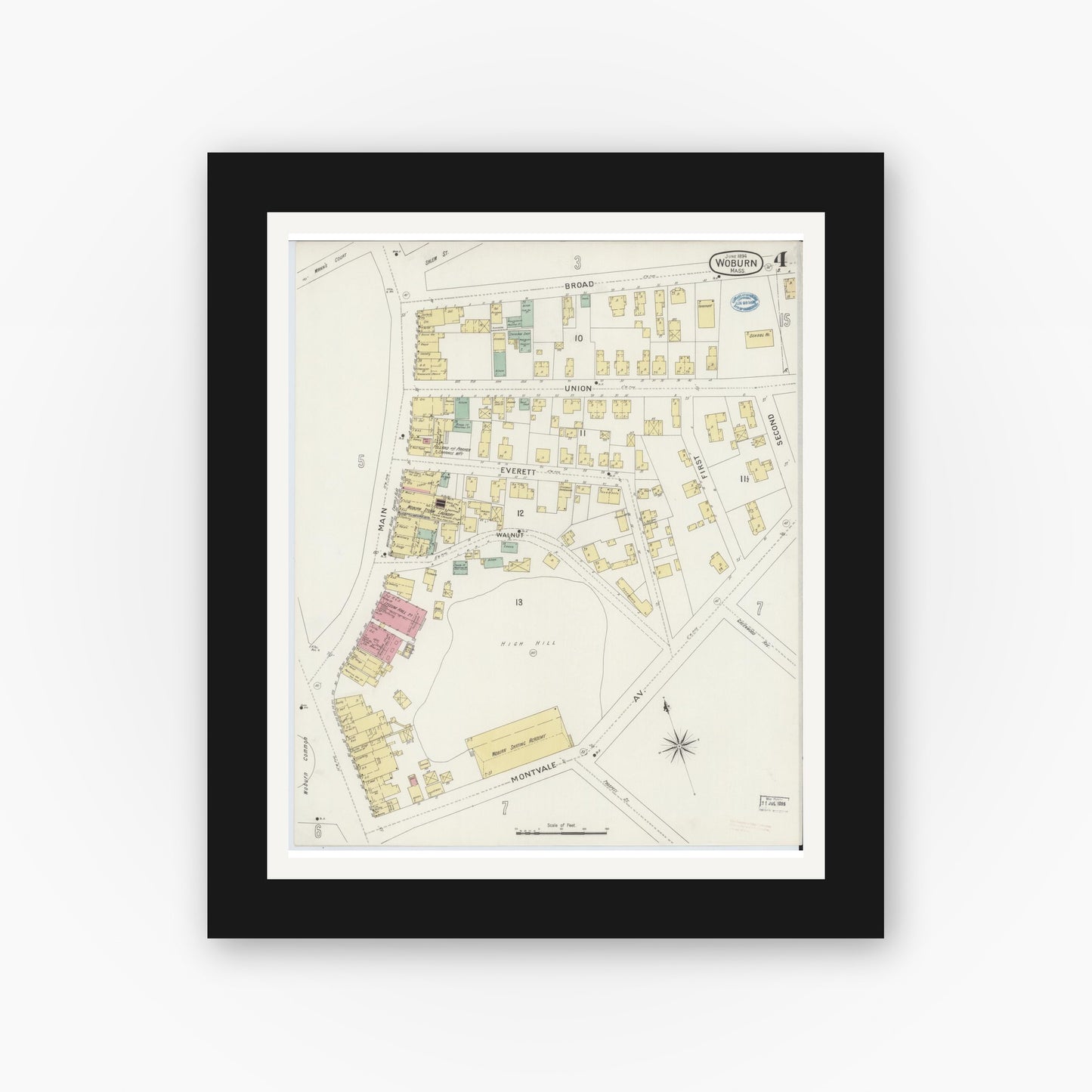 Old map wall art mockup — black gallery frame with white mat — Sanborn Fire Insurance Map from Woburn, Middlesex County, Massachusetts (1894), Sheet #0004