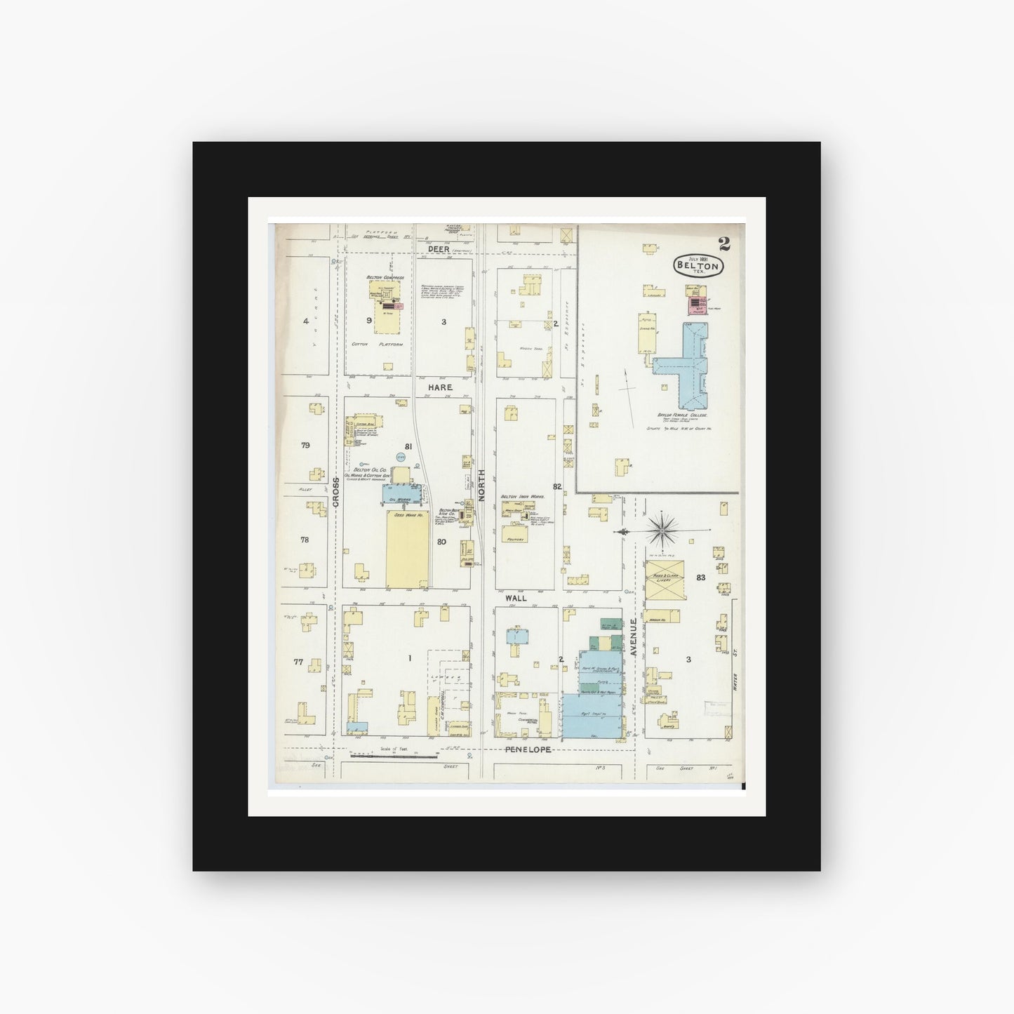 Old map wall art mockup — black gallery frame with white mat — Sanborn Fire Insurance Map from Belton, Bell County, Texas (1891), Sheet #0002