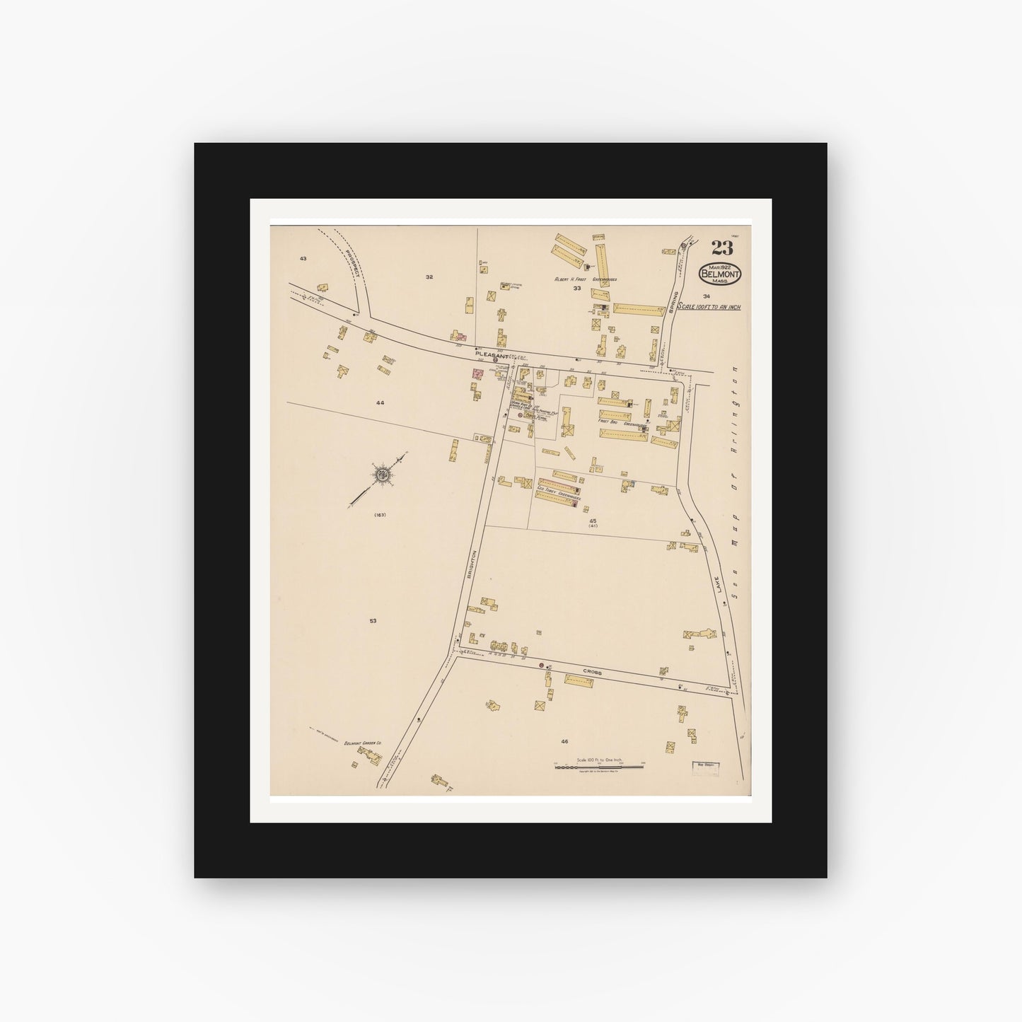 Old map wall art mockup — black gallery frame with white mat — Sanborn Fire Insurance Map from Belmont, Middlesex County, Massachusetts (1922), Sheet #0023