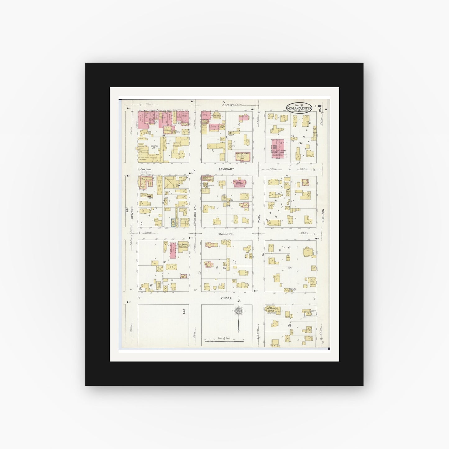 Old map wall art mockup — black gallery frame with white mat — Sanborn Fire Insurance Map from Richland Center, Richland County, Wisconsin (1912), Sheet #0007