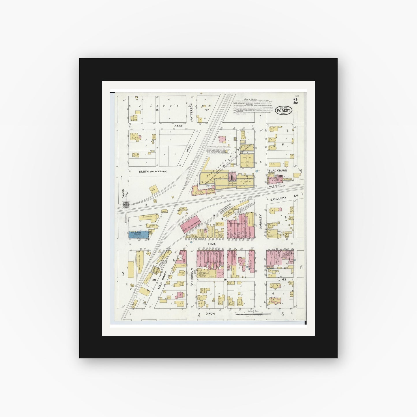 Old map wall art mockup — black gallery frame with white mat — Sanborn Fire Insurance Map from Forest, Hardin County, Ohio (1921), Sheet #0002