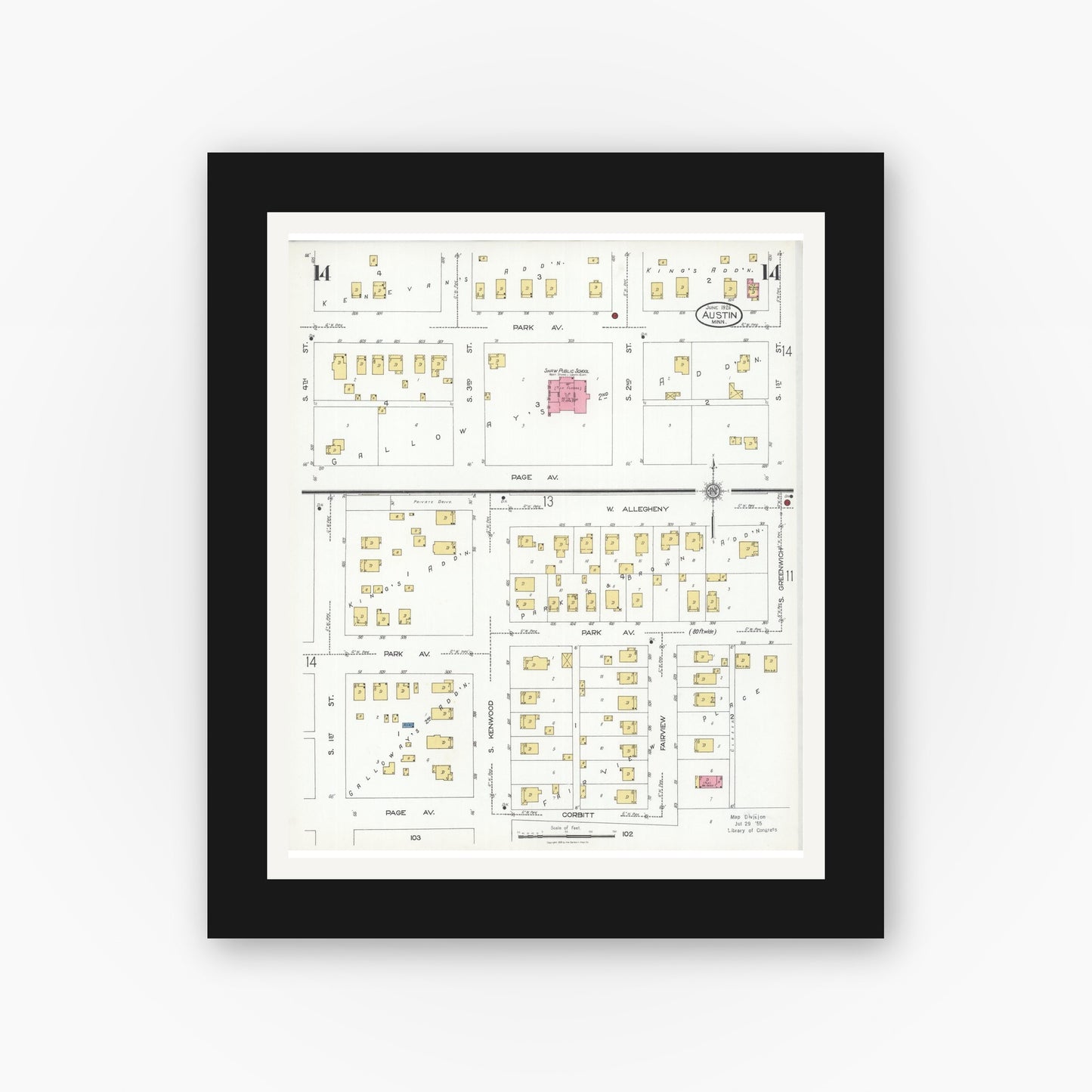 Old map wall art mockup — black gallery frame with white mat — Sanborn Fire Insurance Map from Austin, Mower County, Minnesota (1926), Sheet #0014