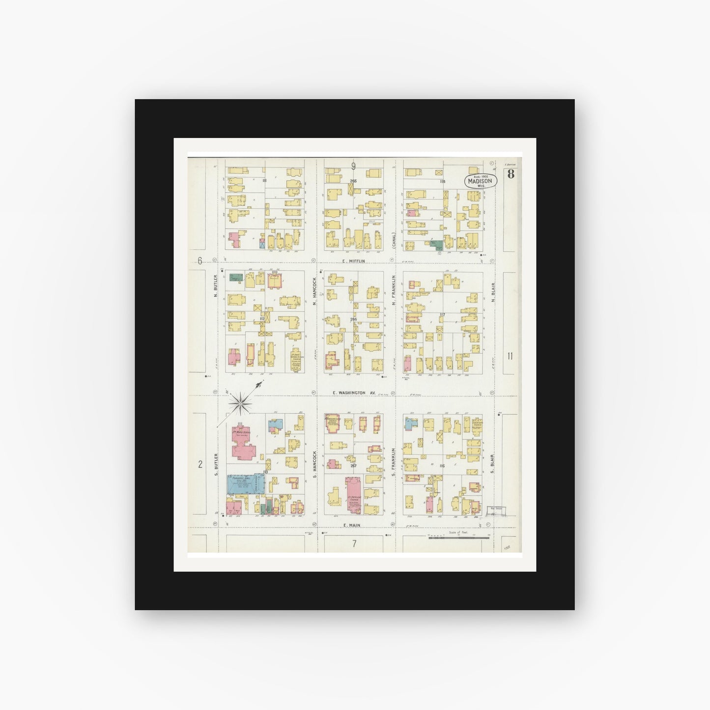 Old map wall art mockup — black gallery frame with white mat — Sanborn Fire Insurance Map from Madison, Dane County, Wisconsin (1902), Sheet #0008