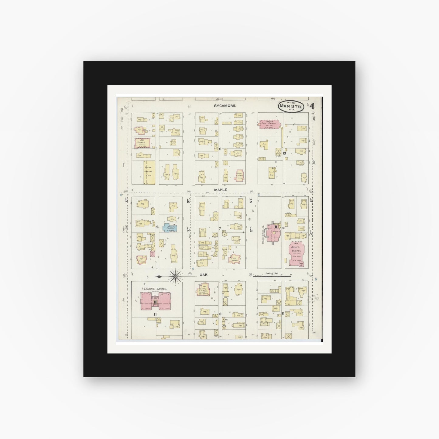 Old map wall art mockup — black gallery frame with white mat — Sanborn Fire Insurance Map from Manistee, Manistee County, Michigan (1890), Sheet #0004