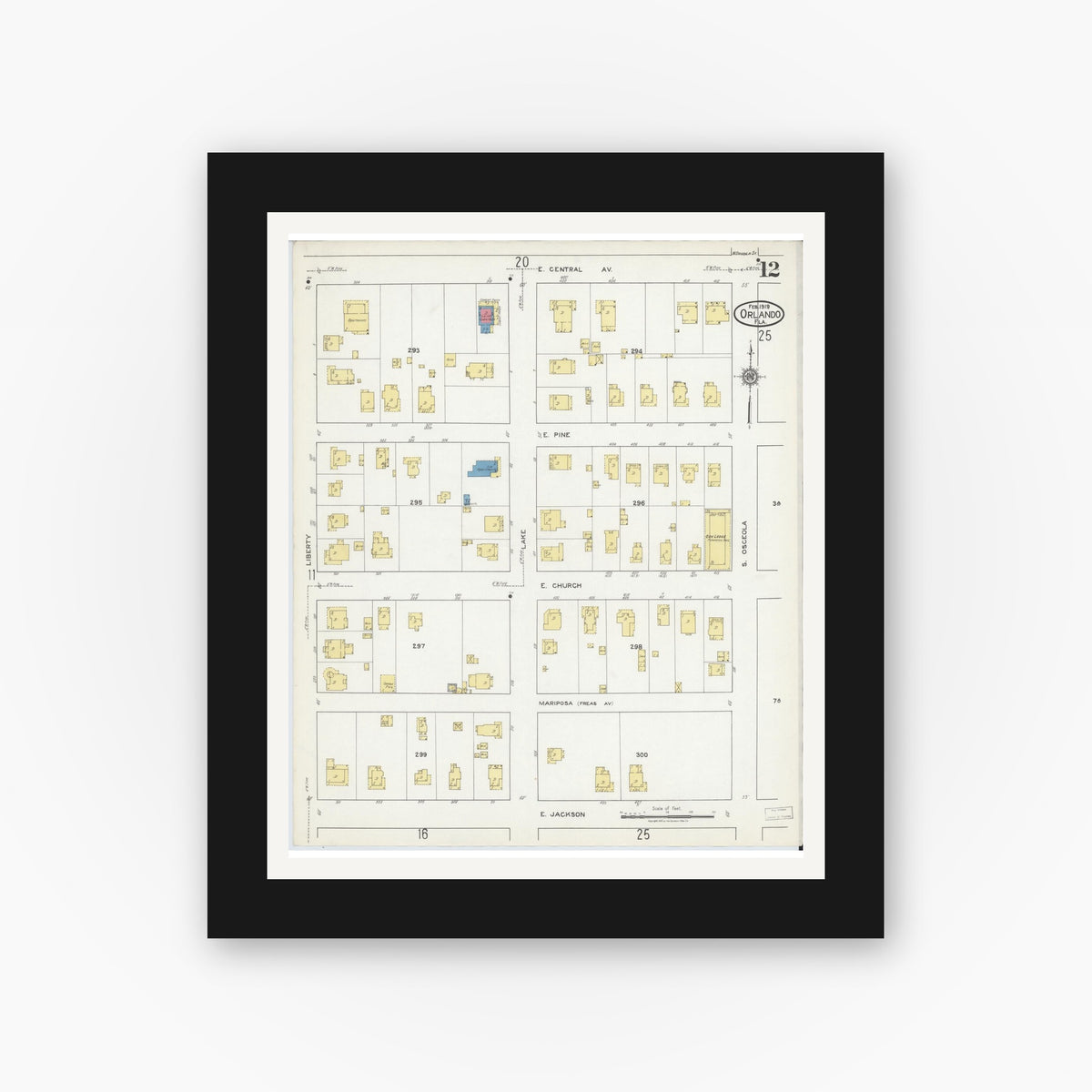 Old map wall art mockup — black gallery frame with white mat — Sanborn Fire Insurance Map from Orlando, Orange County, Florida (1919), Sheet #0012
