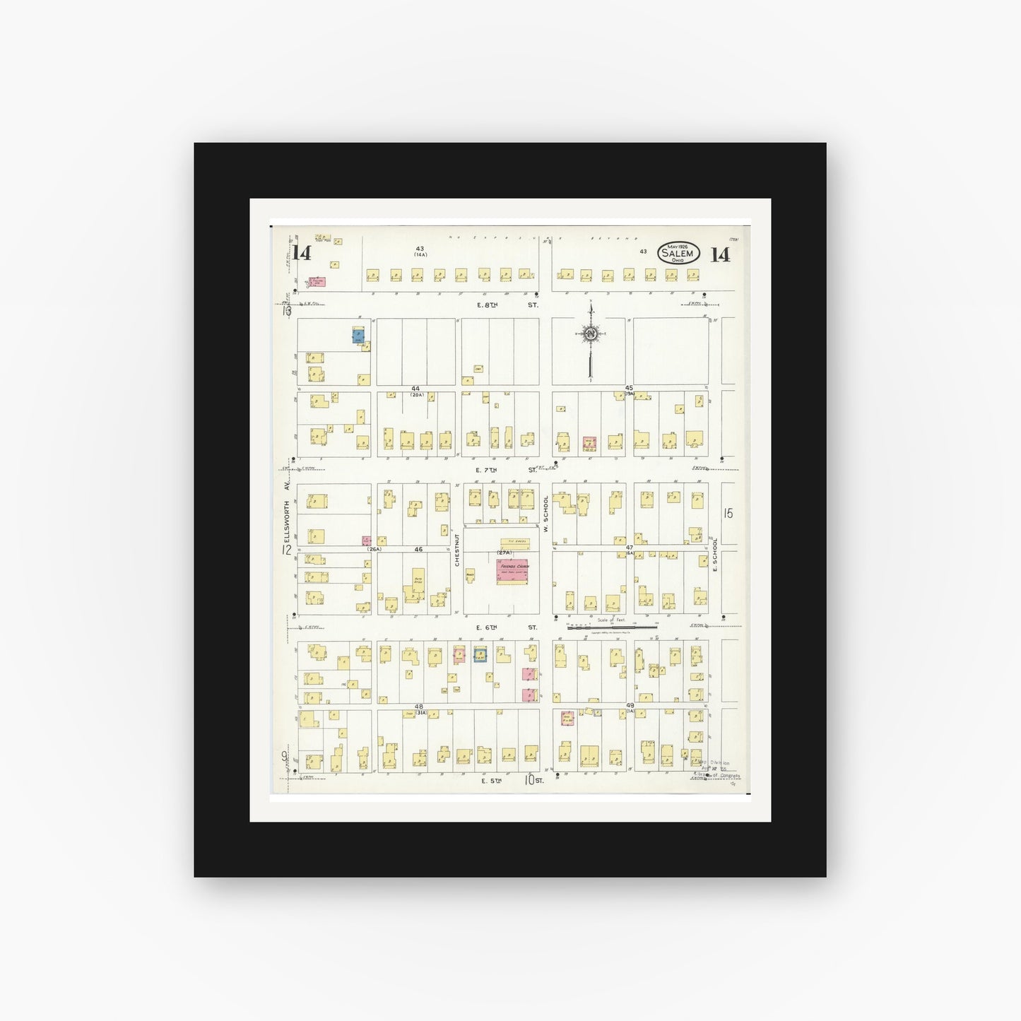 Old map wall art mockup — black gallery frame with white mat — Sanborn Fire Insurance Map from Salem, Columbiana County, Ohio (1926), Sheet #0014