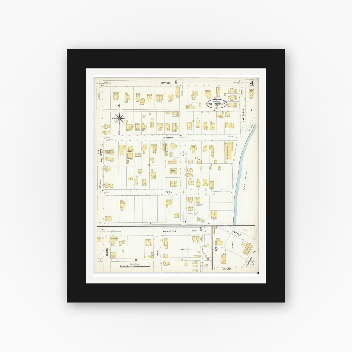 Old map wall art mockup — black gallery frame with white mat — Sanborn Fire Insurance Map from West Palm Beach, Dade County, Florida (1908), Sheet #0004