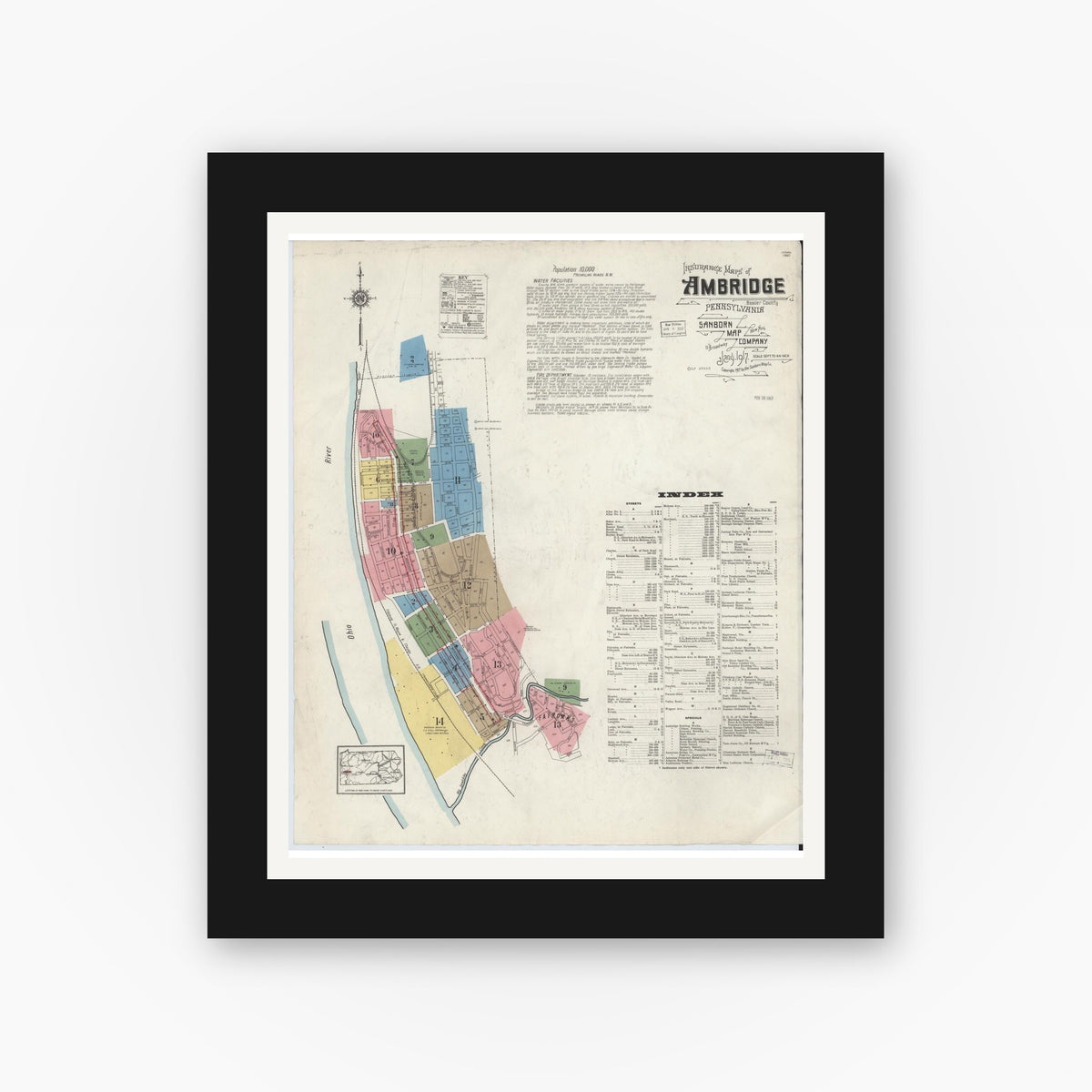 Old map wall art mockup β black gallery frame with white mat β Sanborn Fire Insurance Map from Ambridge, Beaver County, Pennsylvania (1917), Sheet #0001