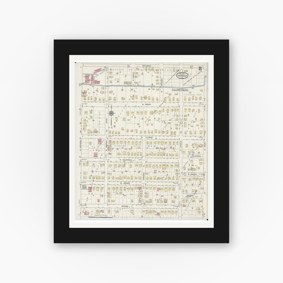 Old map wall art mockup — black gallery frame with white mat — Sanborn Fire Insurance Map from Urbana, Champaign County, Illinois (1915), Sheet #0008