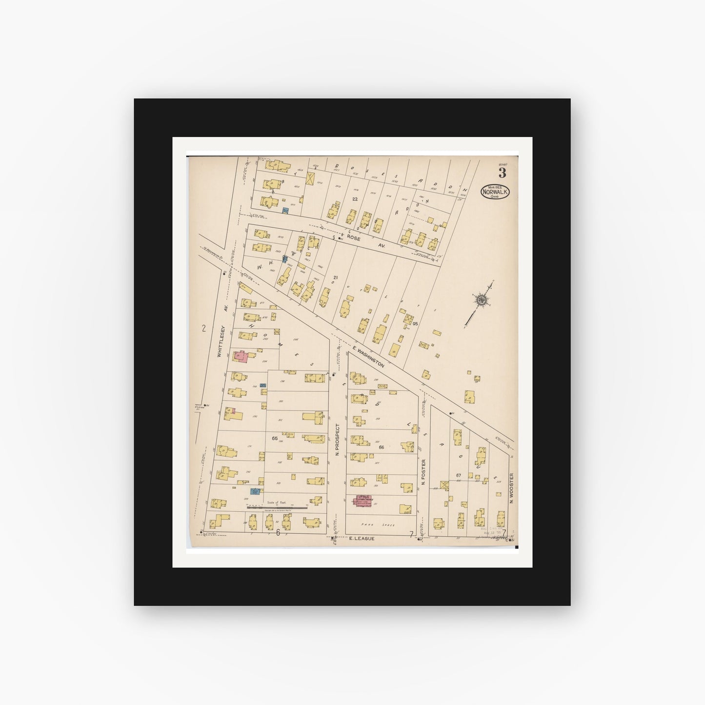 Old map wall art mockup — black gallery frame with white mat — Sanborn Fire Insurance Map from Norwalk, Huron County, Ohio (1922), Sheet #0003