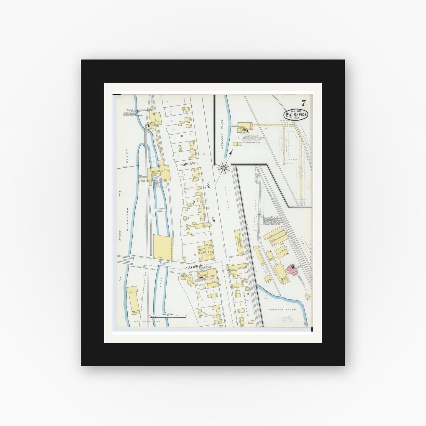 Old map wall art mockup — black gallery frame with white mat — Sanborn Fire Insurance Map from Big Rapids, Mecosta County, Michigan (1892), Sheet #0007
