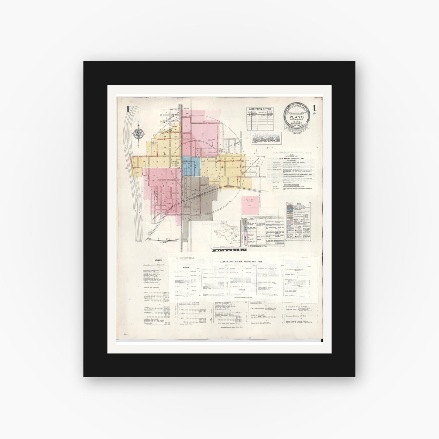 Old map wall art mockup — black gallery frame with white mat — Sanborn Fire Insurance Map from Plano, Collin County, Texas (1961), Sheet #0001