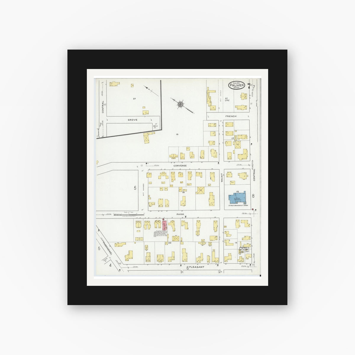 Old map wall art mockup — black gallery frame with white mat — Sanborn Fire Insurance Map from Palmer, Hampden County, Massachusetts (1918), Sheet #0007