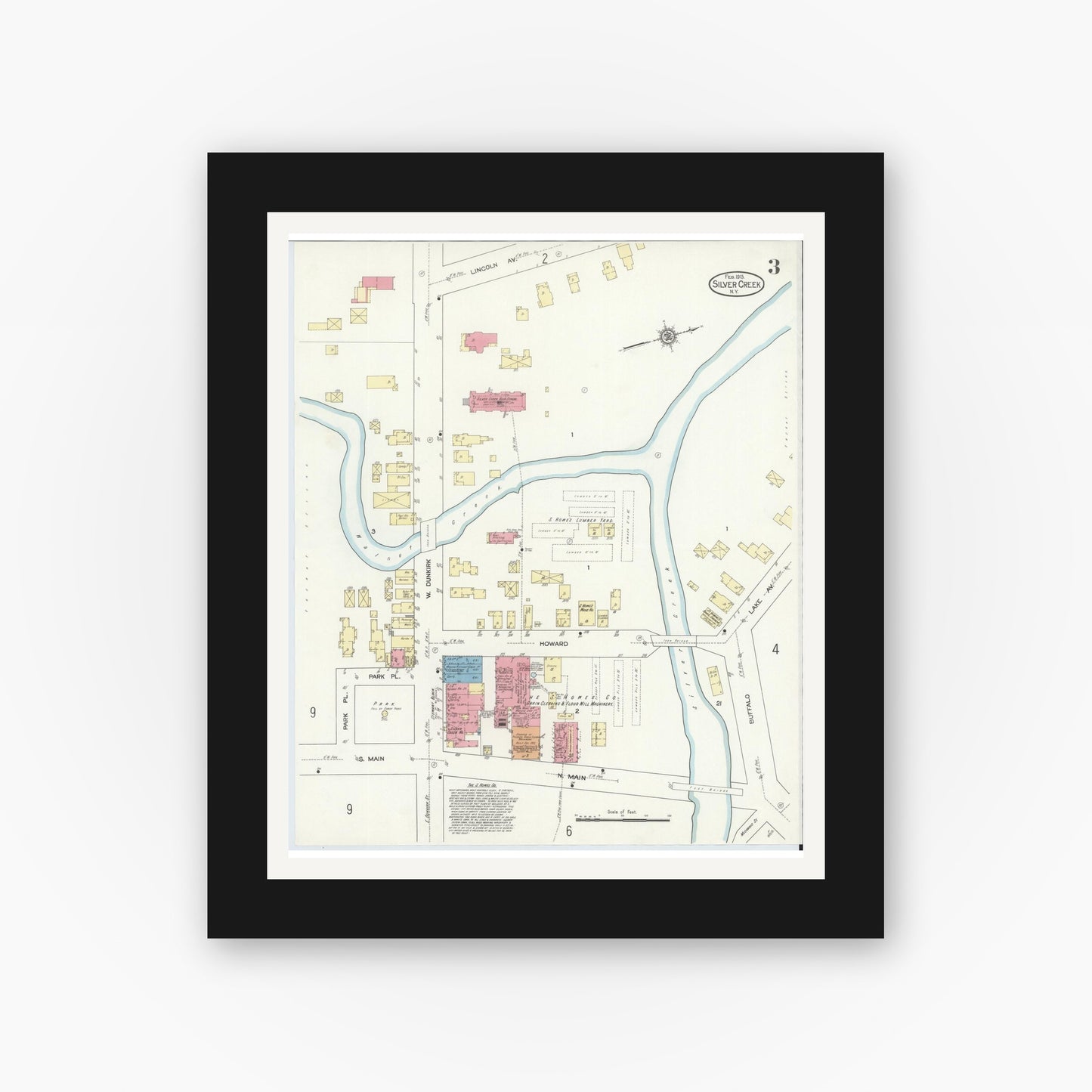Old map wall art mockup — black gallery frame with white mat — Sanborn Fire Insurance Map from Silver Creek, Chautauqua County, New York (1913), Sheet #0003