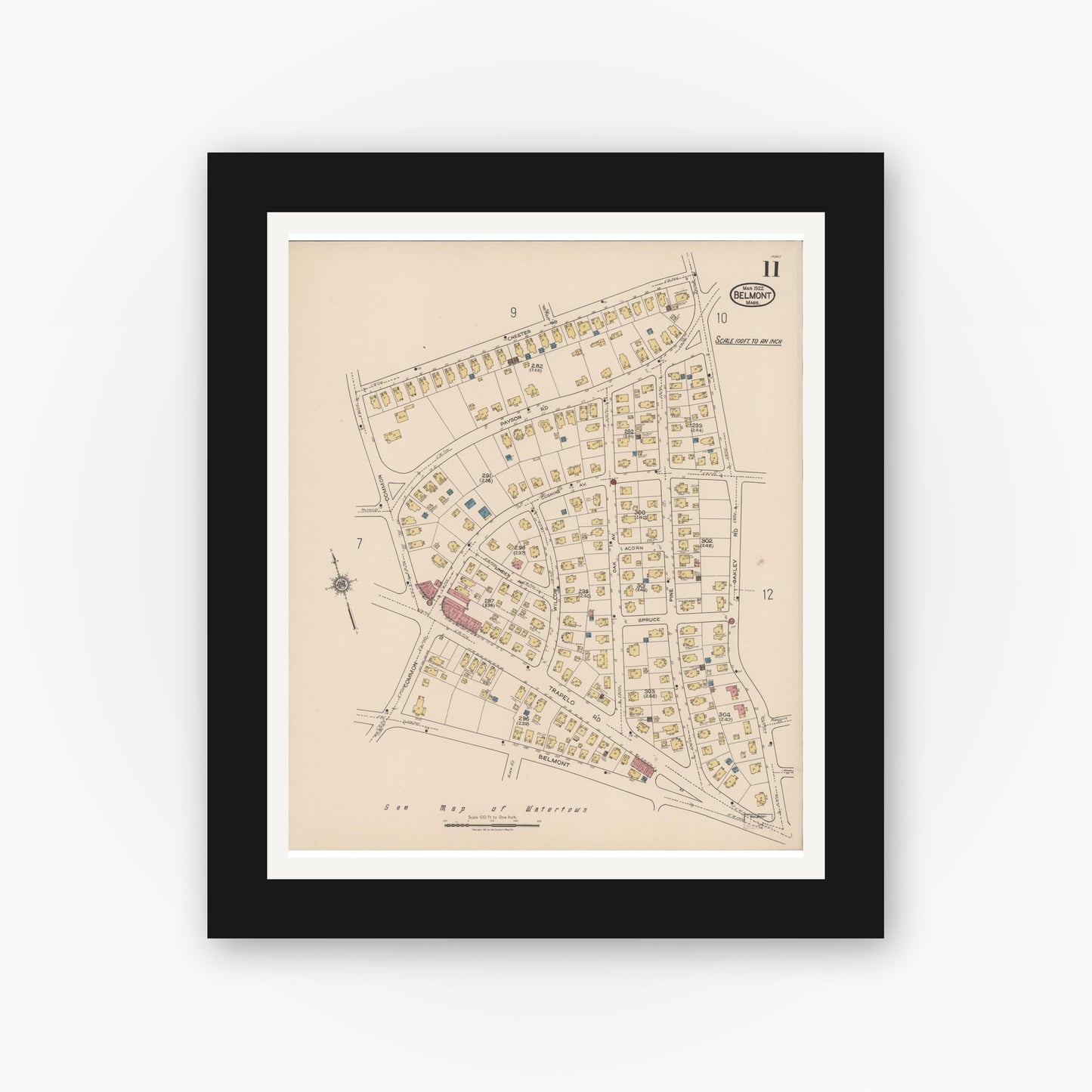 Old map wall art mockup — black gallery frame with white mat — Sanborn Fire Insurance Map from Belmont, Middlesex County, Massachusetts (1922), Sheet #0011