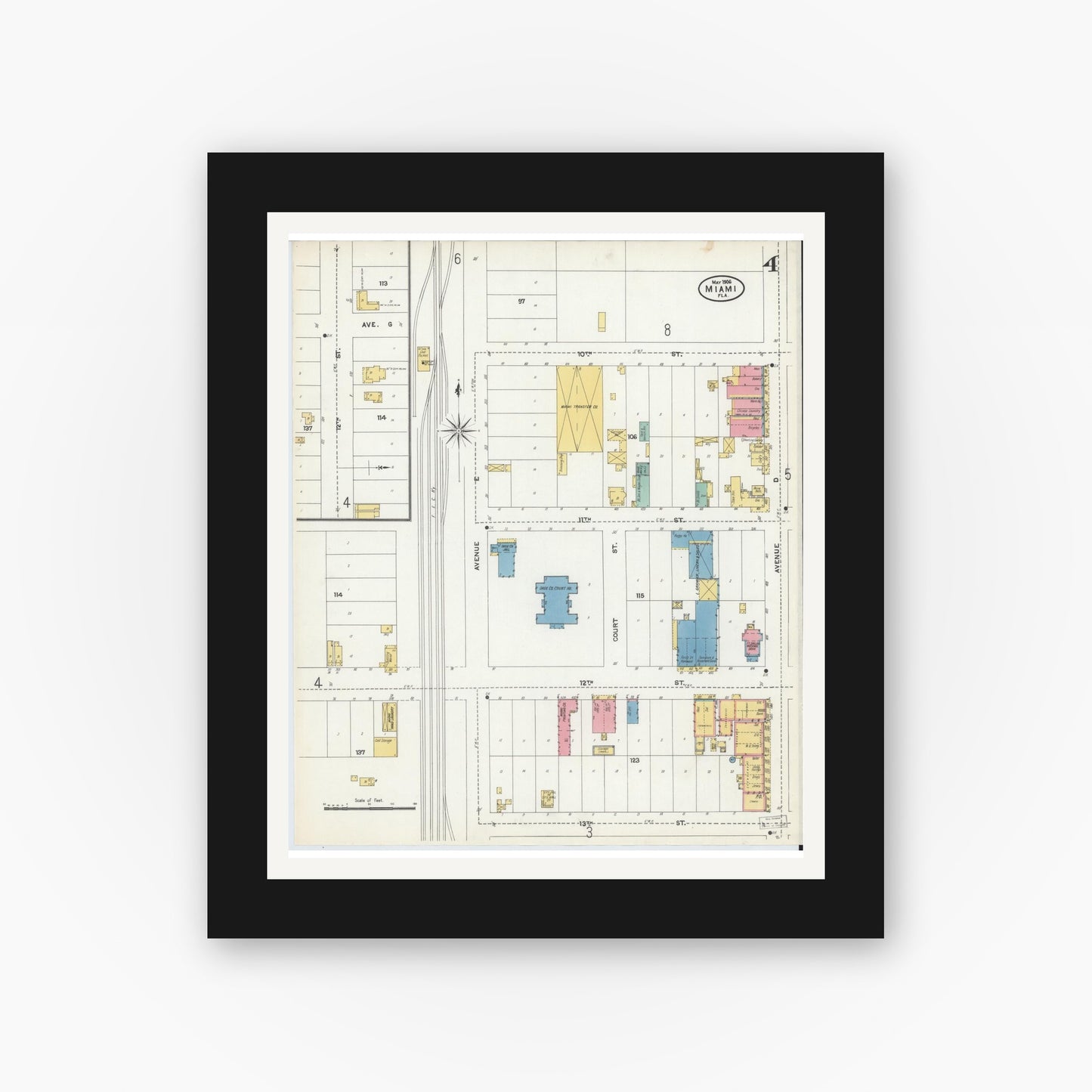 Old map wall art mockup — black gallery frame with white mat — Sanborn Fire Insurance Map from Miami, Dade County, Florida (1906), Sheet #0004