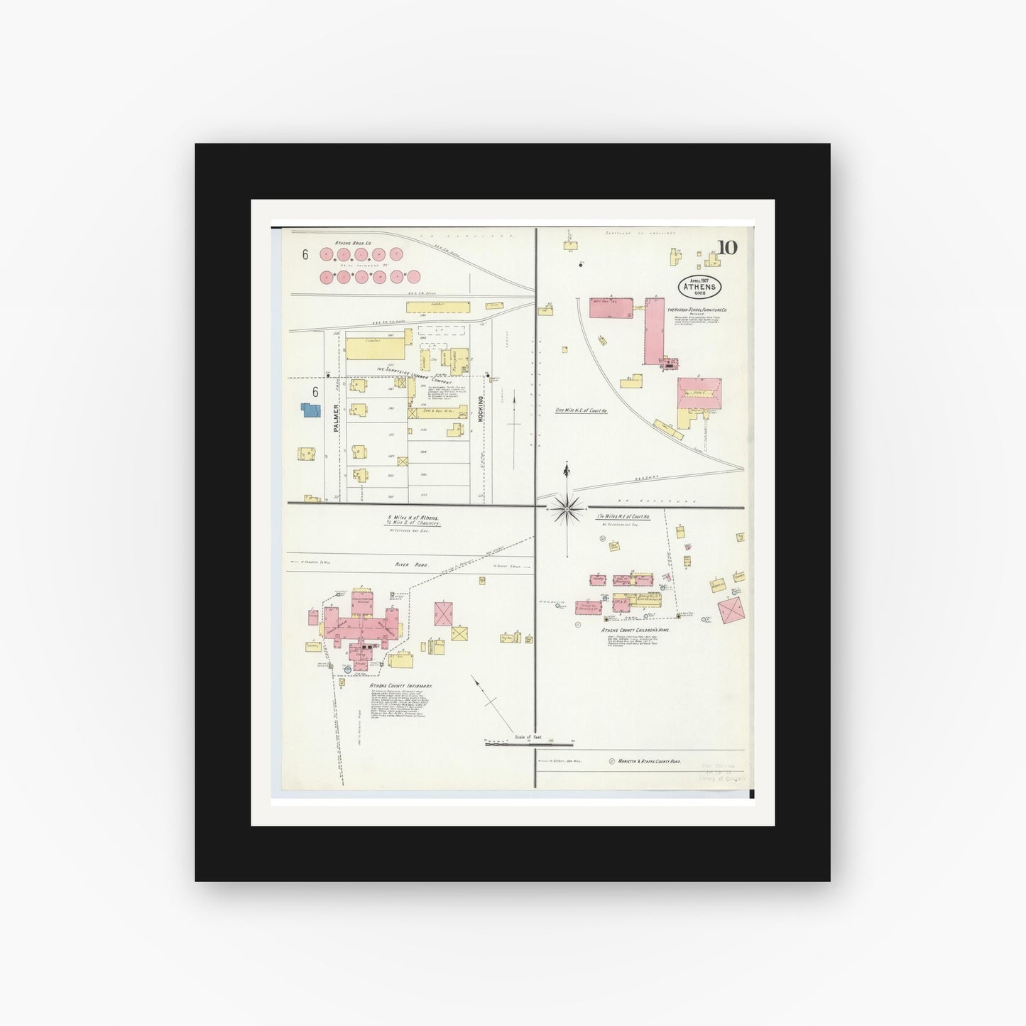 Old map wall art mockup — black gallery frame with white mat — Sanborn Fire Insurance Map from Athens, Athens County, Ohio (1907), Sheet #0010