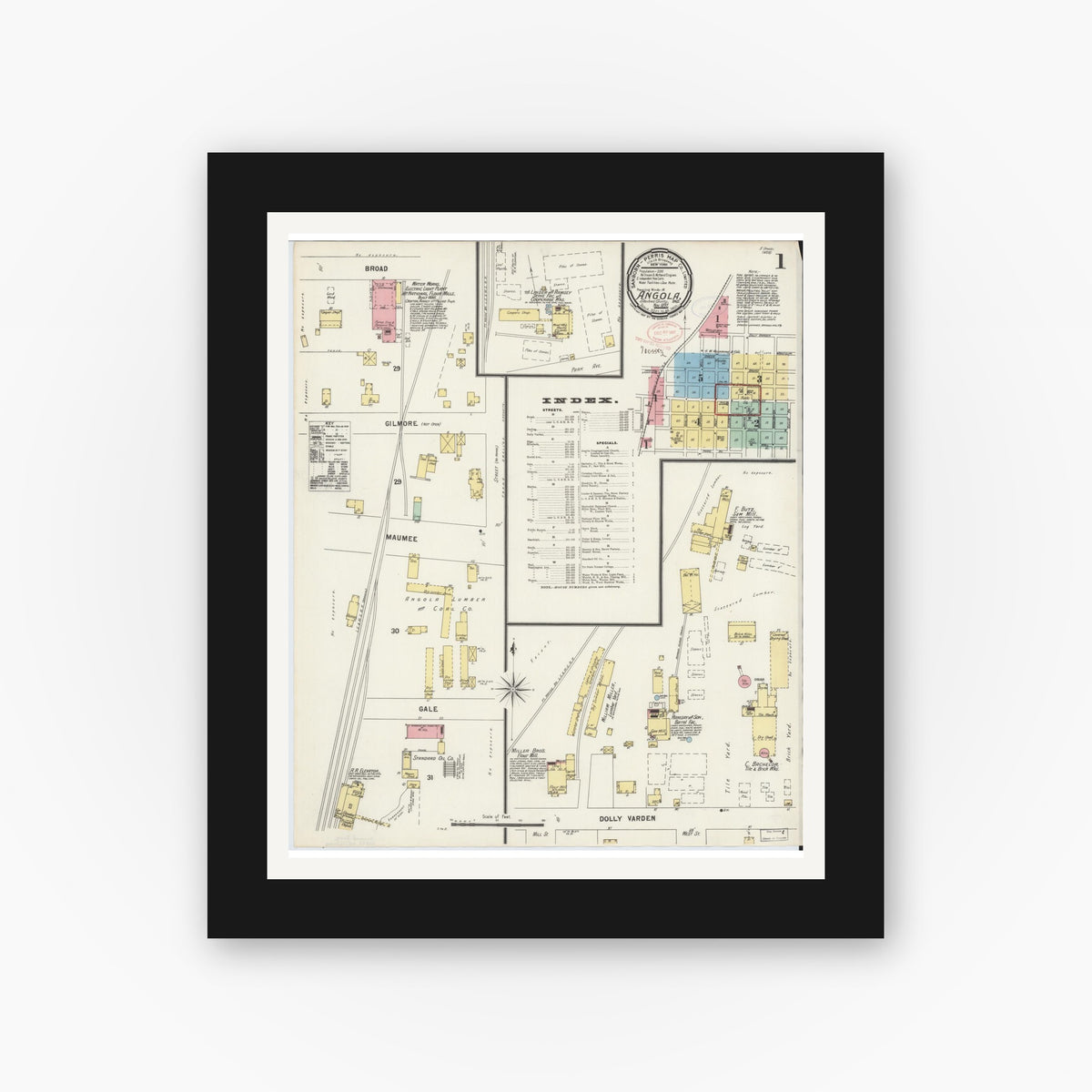 Old map wall art mockup — black gallery frame with white mat — Sanborn Fire Insurance Map from Angola, Steuben County, Indiana (1897) - Complete Map Set