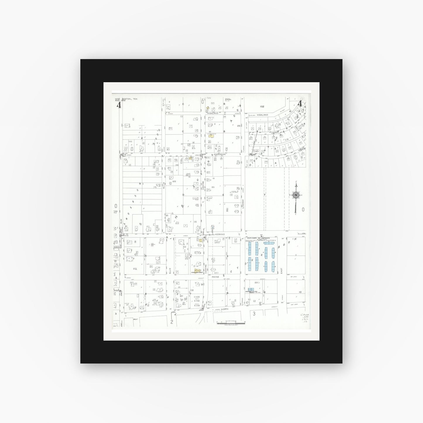 Old map wall art mockup — black gallery frame with white mat — Sanborn Fire Insurance Map from New Boston, Bowie County, Texas (1952), Sheet #0004