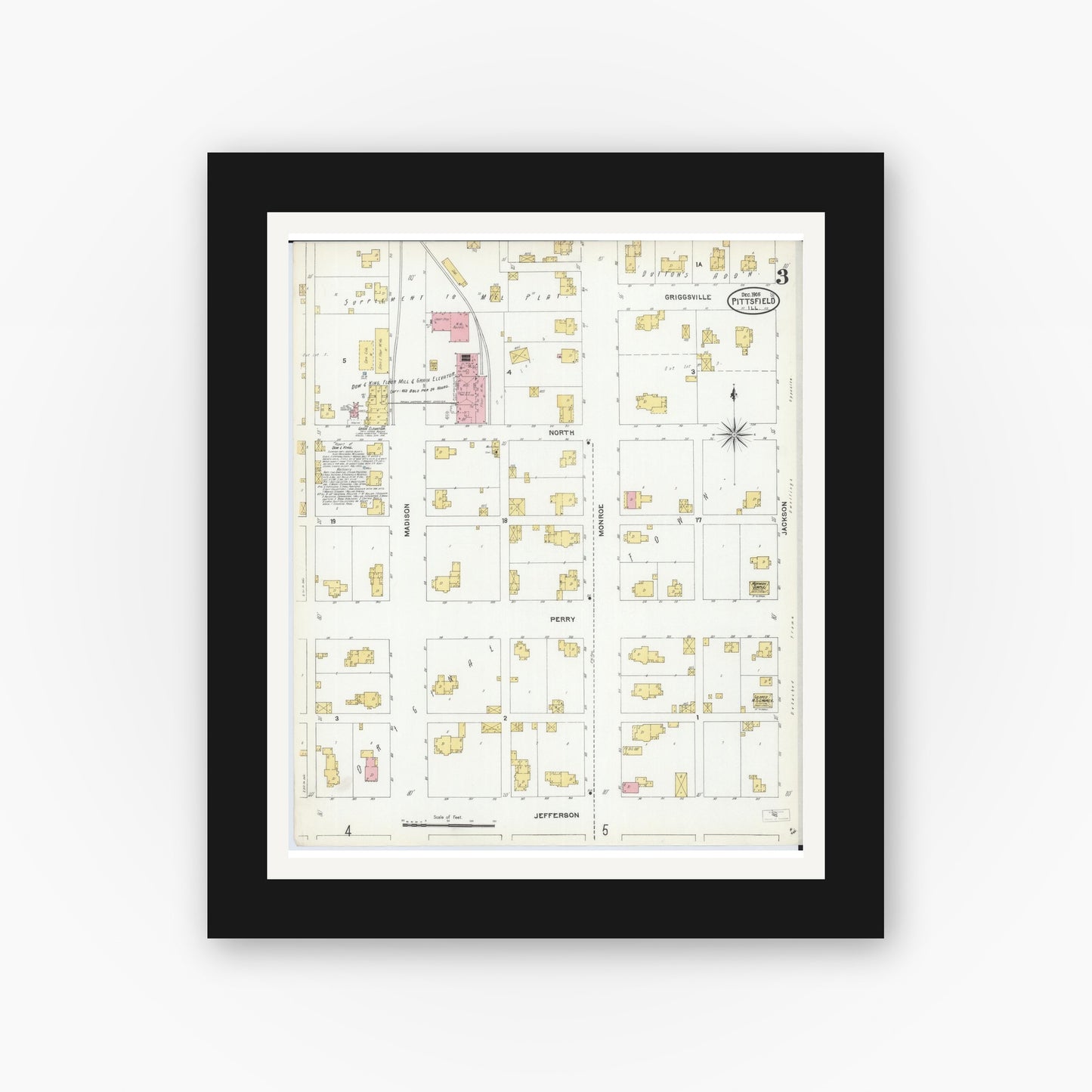 Old map wall art mockup — black gallery frame with white mat — Sanborn Fire Insurance Map from Pittsfield, Pike County, Illinois (1905), Sheet #0003