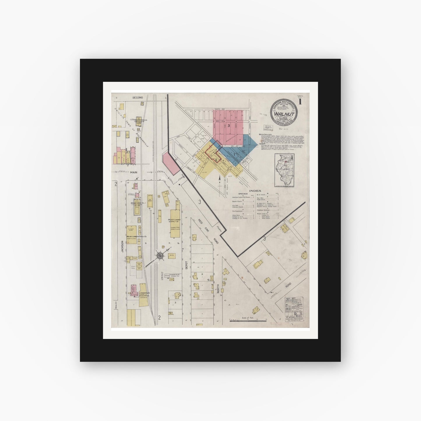 Old map wall art mockup — black gallery frame with white mat — Sanborn Fire Insurance Map from Walnut, Bureau County, Illinois (1921) - Complete Map Set