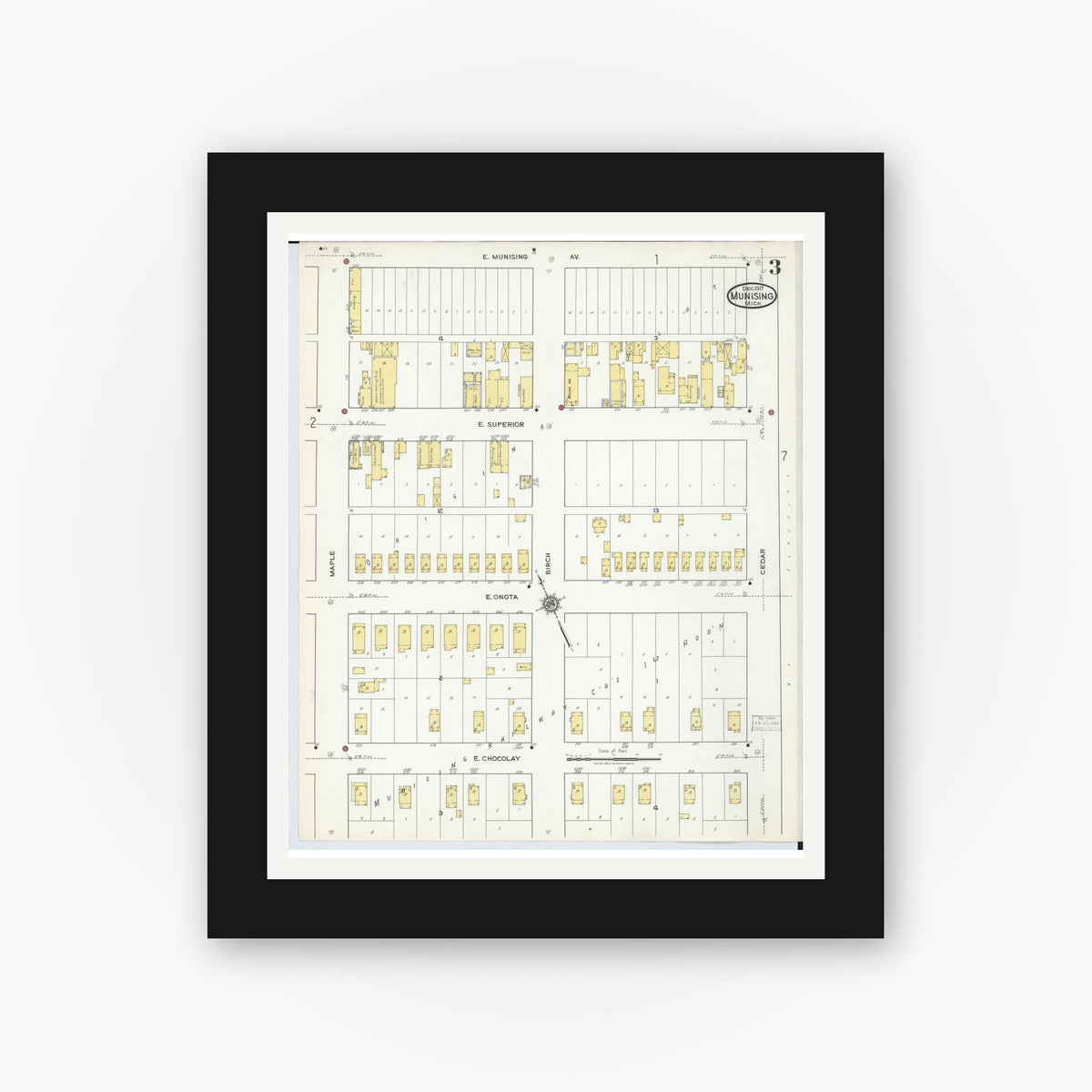 Old map wall art mockup — black gallery frame with white mat — Sanborn Fire Insurance Map from Munising, Alger County, Michigan (1917), Sheet #0003
