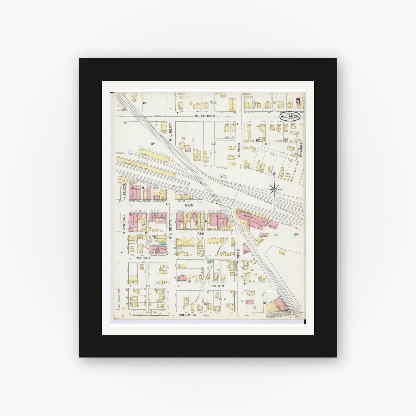 Old map wall art mockup — black gallery frame with white mat — Sanborn Fire Insurance Map from Alliance, Stark County, Ohio (1892), Sheet #0005