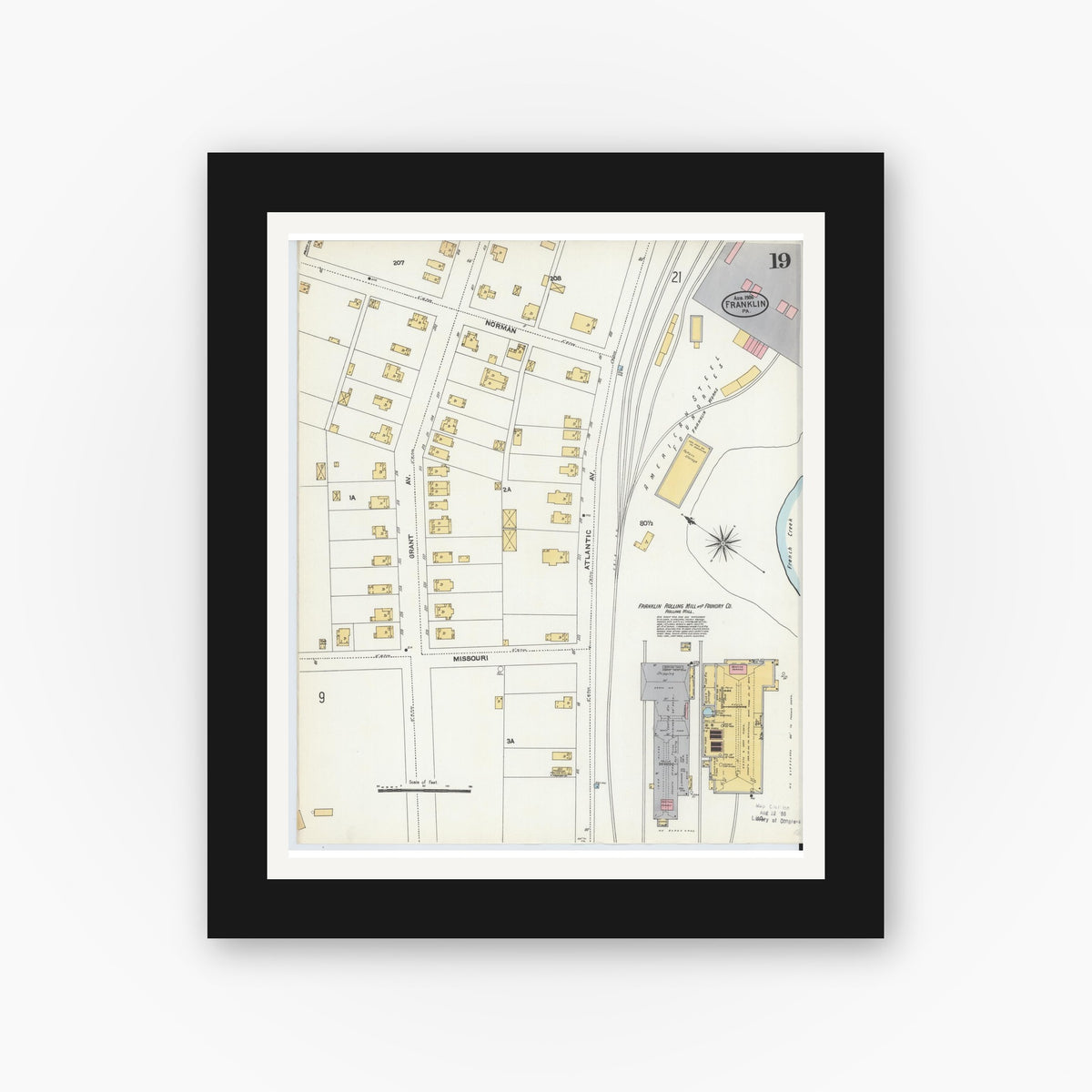 Old map wall art mockup — black gallery frame with white mat — Sanborn Fire Insurance Map from Franklin, Venango County, Pennsylvania (1906), Sheet #0019
