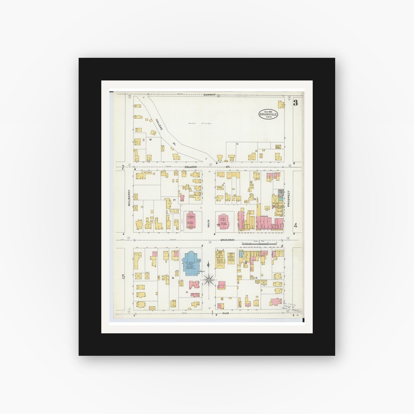 Old map wall art mockup — black gallery frame with white mat — Sanborn Fire Insurance Map from Granville, Licking County, Ohio (1905), Sheet #0003