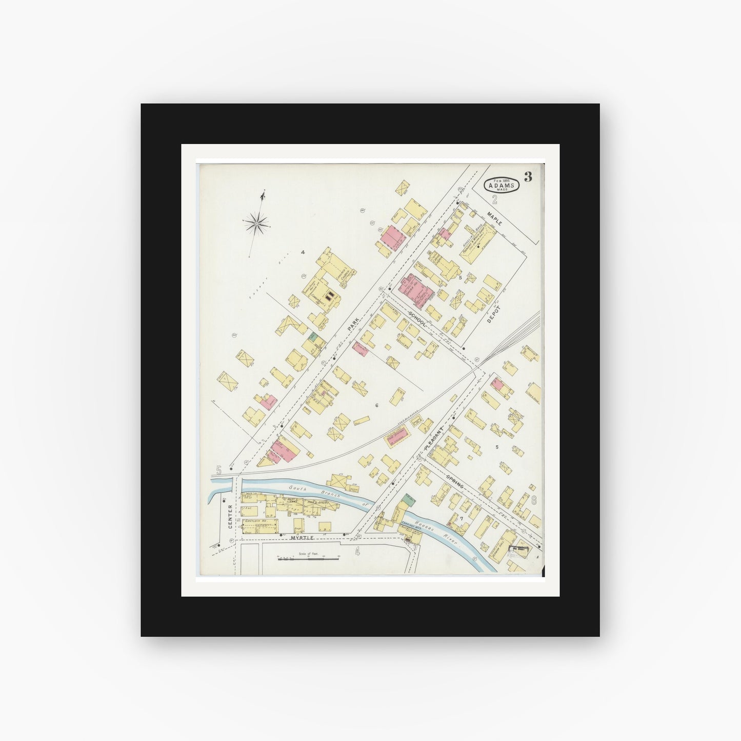 Old map wall art mockup — black gallery frame with white mat — Sanborn Fire Insurance Map from Adams, Berkshire County, Massachusetts (1895), Sheet #0003