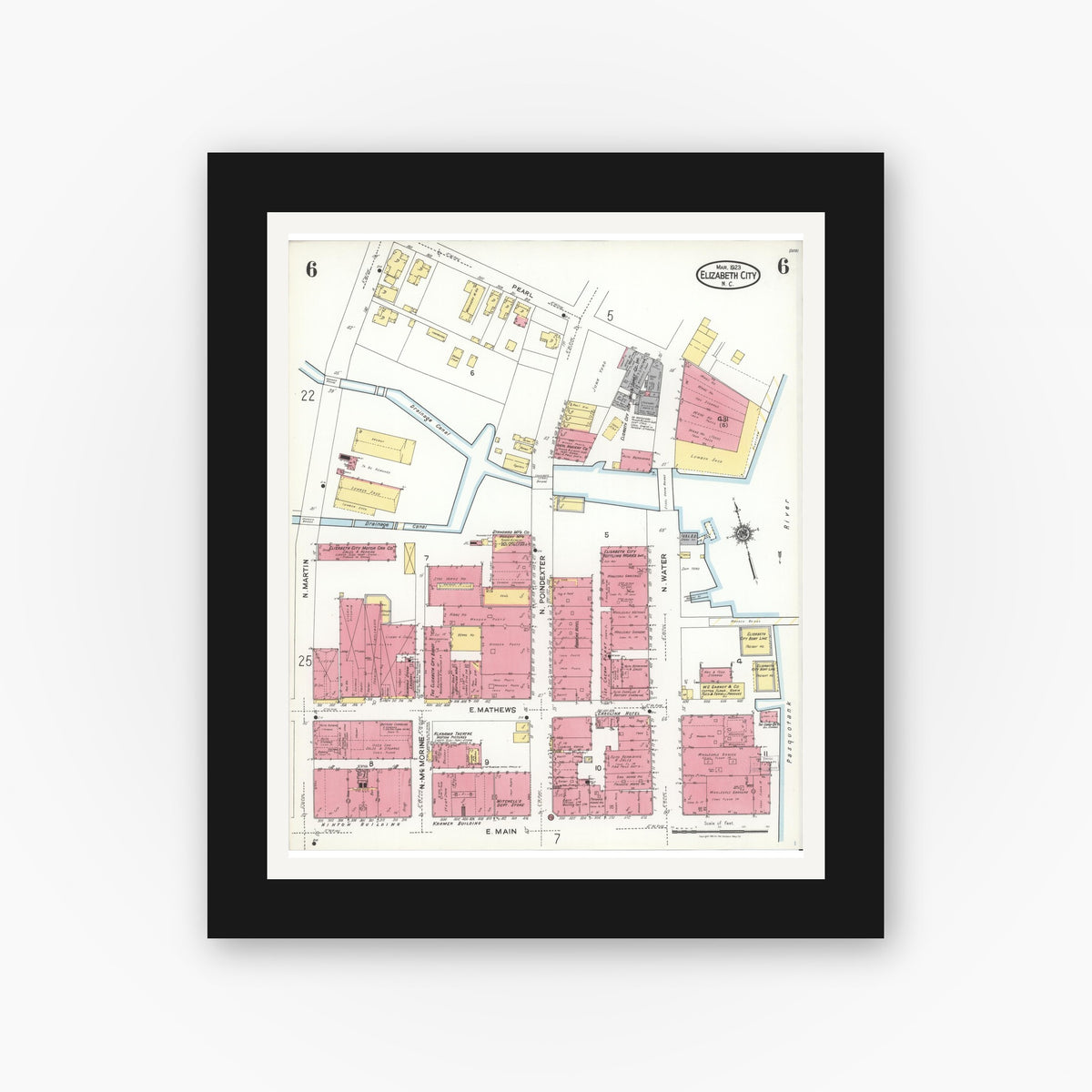 Old map wall art mockup β black gallery frame with white mat β Sanborn Fire Insurance Map from Elizabeth City, Pasquotank County, North Carolina (1923), Sheet #0006