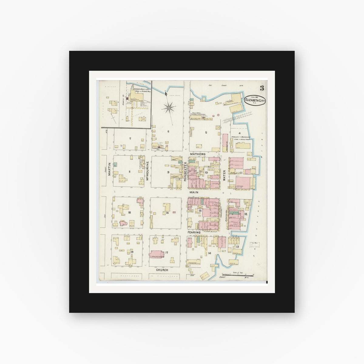 Old map wall art mockup — black gallery frame with white mat — Sanborn Fire Insurance Map from Elizabeth City, Pasquotank County, North Carolina (1891), Sheet #0003