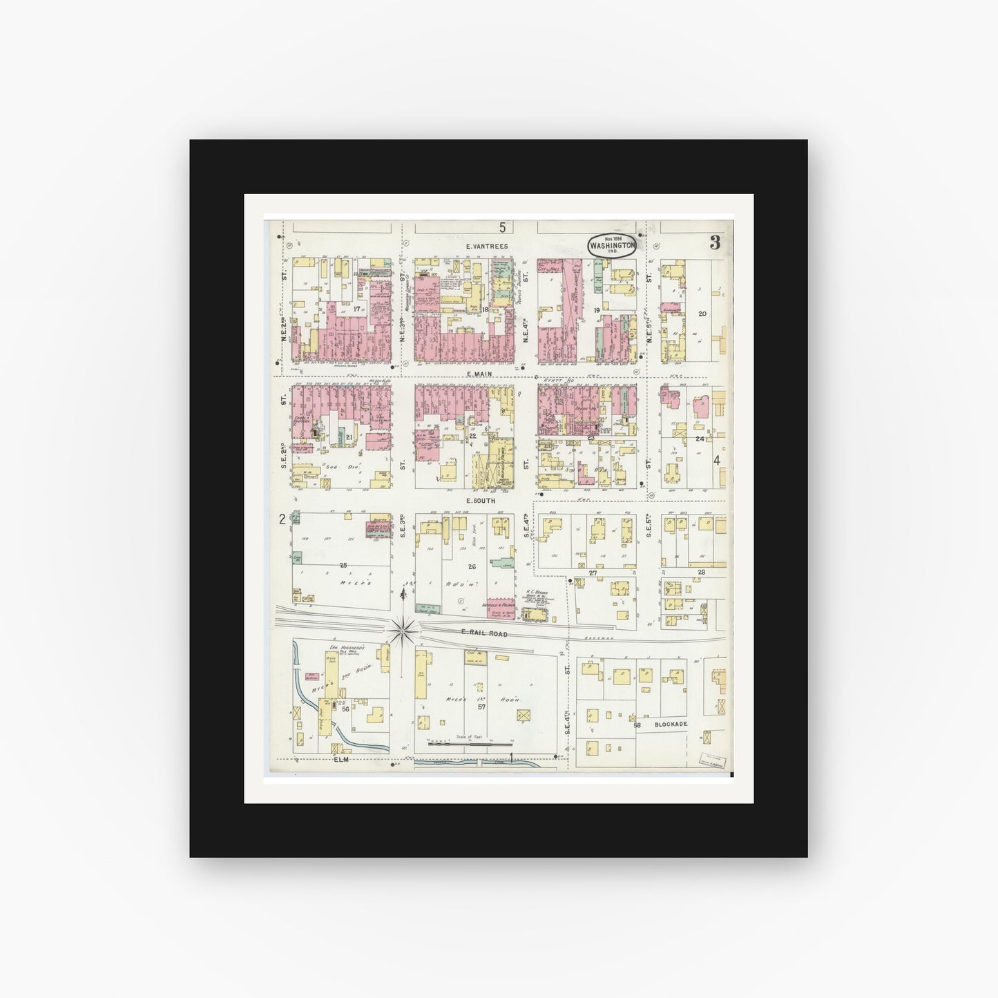 Old map wall art mockup — black gallery frame with white mat — Sanborn Fire Insurance Map from Washington, Daviess County, Indiana (1896), Sheet #0003