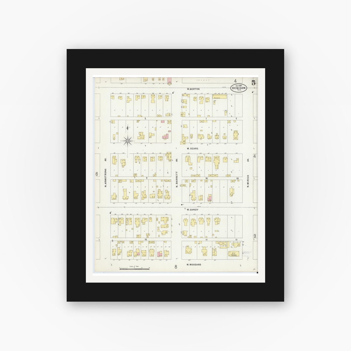 Old map wall art mockup — black gallery frame with white mat — Sanborn Fire Insurance Map from Denison, Grayson County, Texas (1897), Sheet #0005