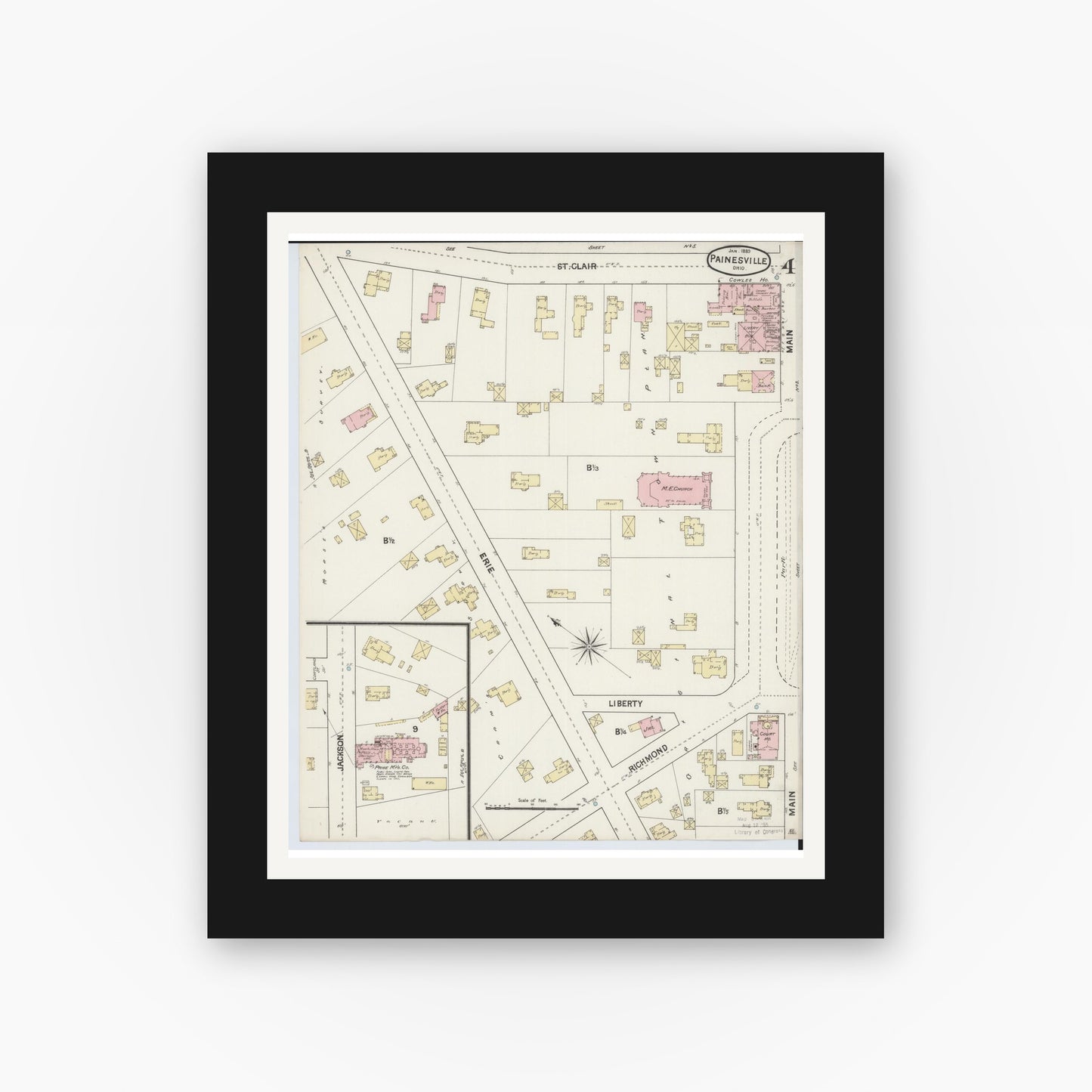 Old map wall art mockup — black gallery frame with white mat — Sanborn Fire Insurance Map from Painesville, Lake County, Ohio (1889), Sheet #0004